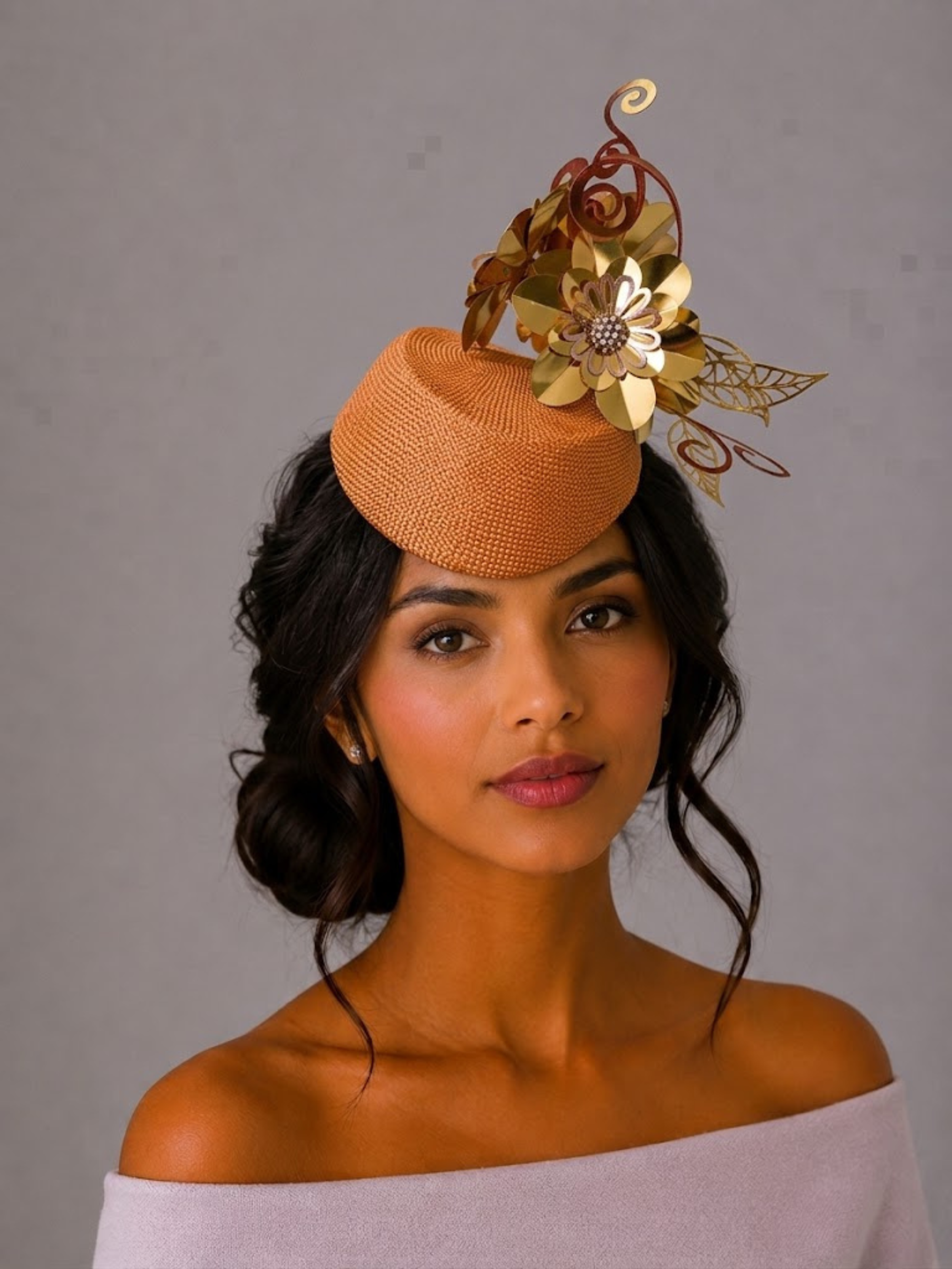 Model: Aurelia Gilded metallic floral headpiece styled on a model.