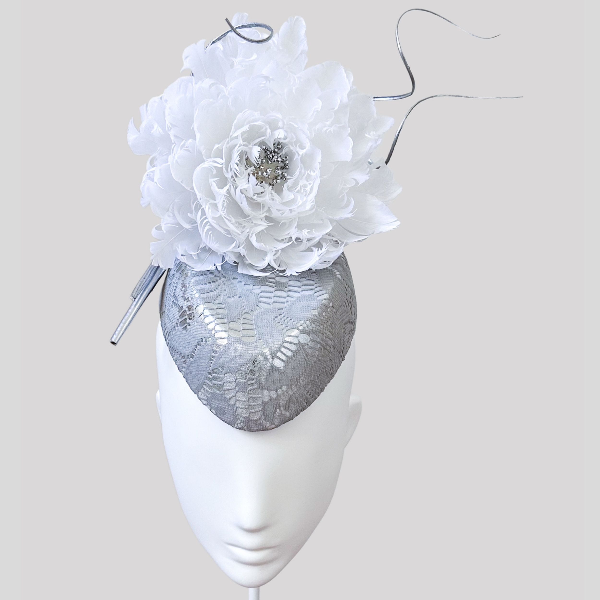 Silver Leather Face Hugger with White Feather & Silver Lace - Candore Argentato