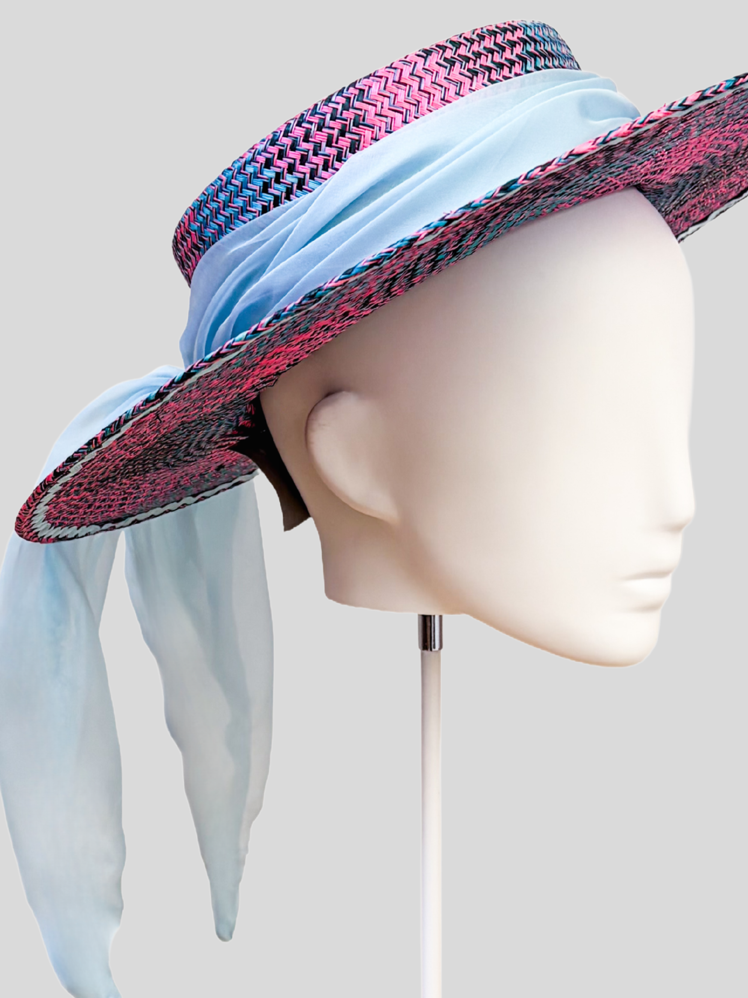 Close-up of Solara Capri woven buntal texture and sky blue silk chiffon detailing.