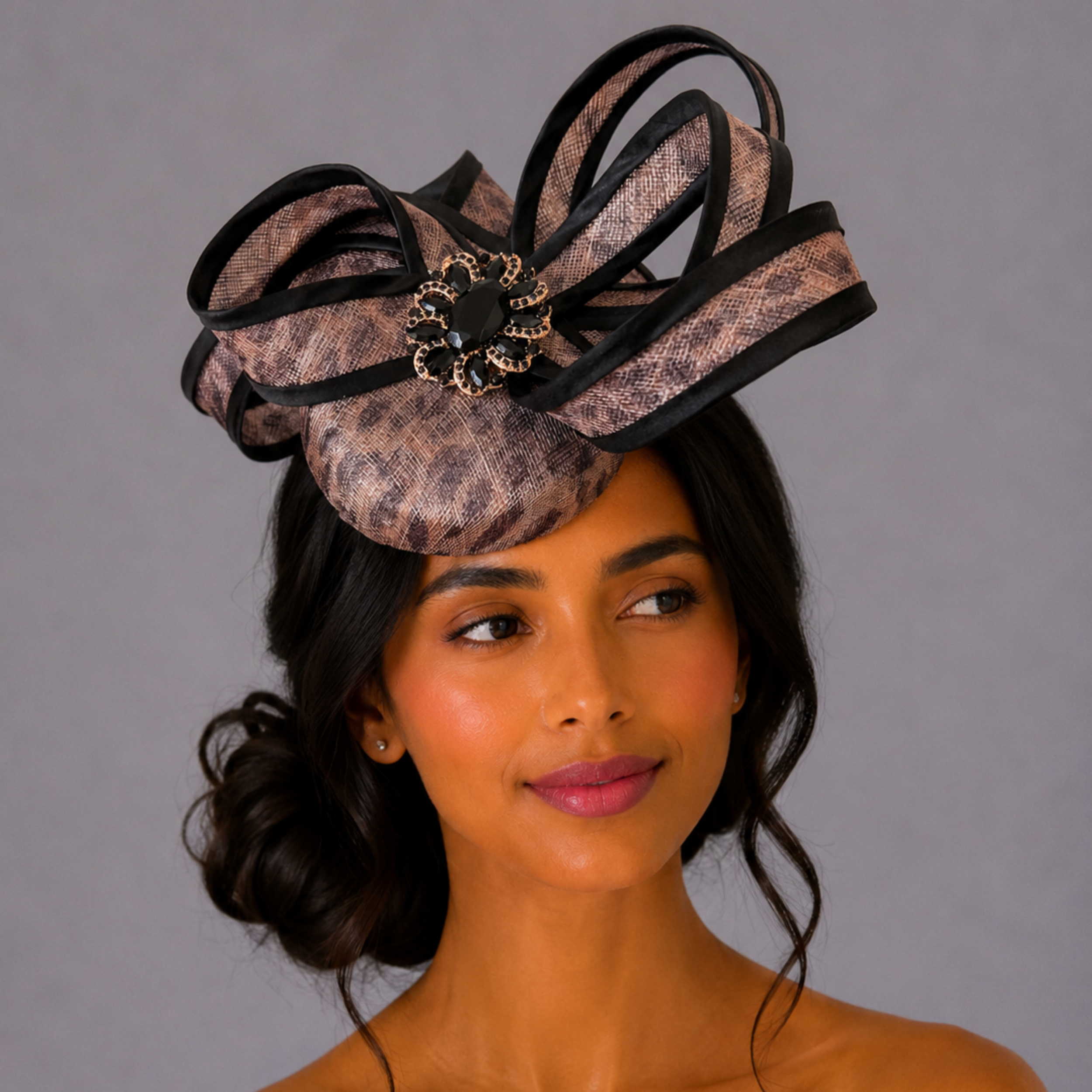 Leopard Print Sinamay Fascinator with Black Trim & Crystal Brooch | Midnight Savannah