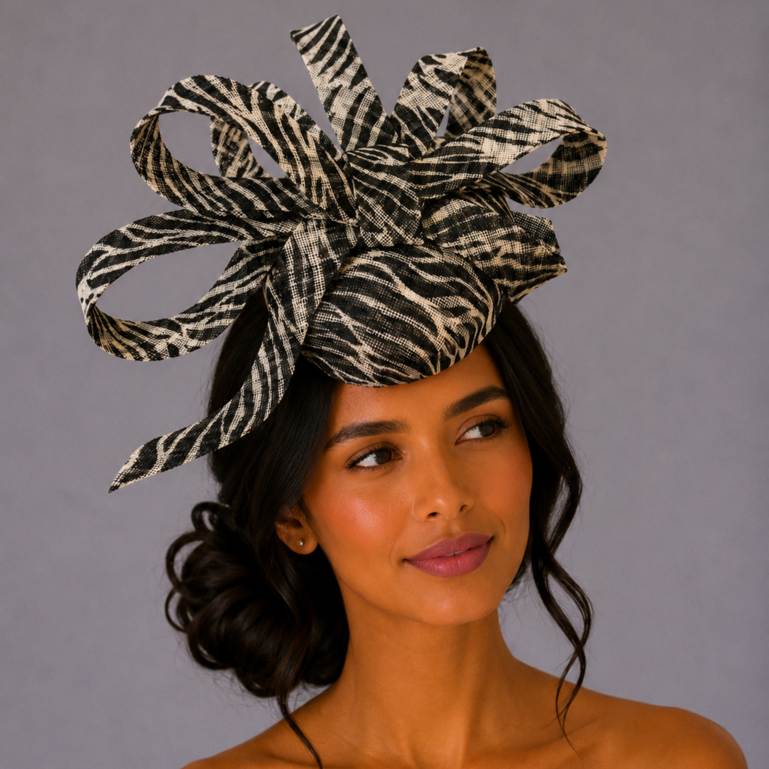 Zebra Print Sinamay Cocktail Hat | Statement Racing Fascinator with Sculpted Loops | Zahara Noir