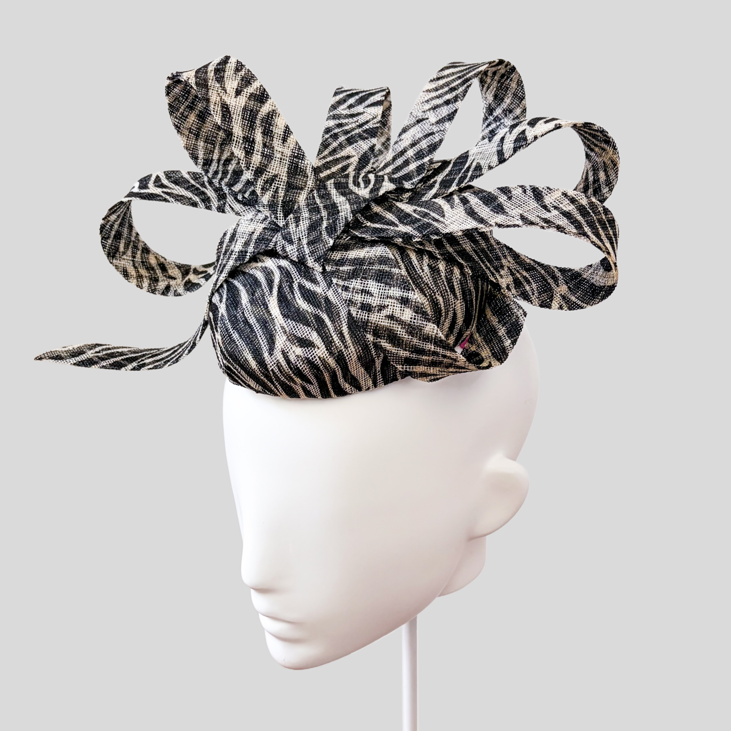 Zebra Print Sinamay Cocktail Hat | Statement Racing Fascinator with Sculpted Loops | Zahara Noir