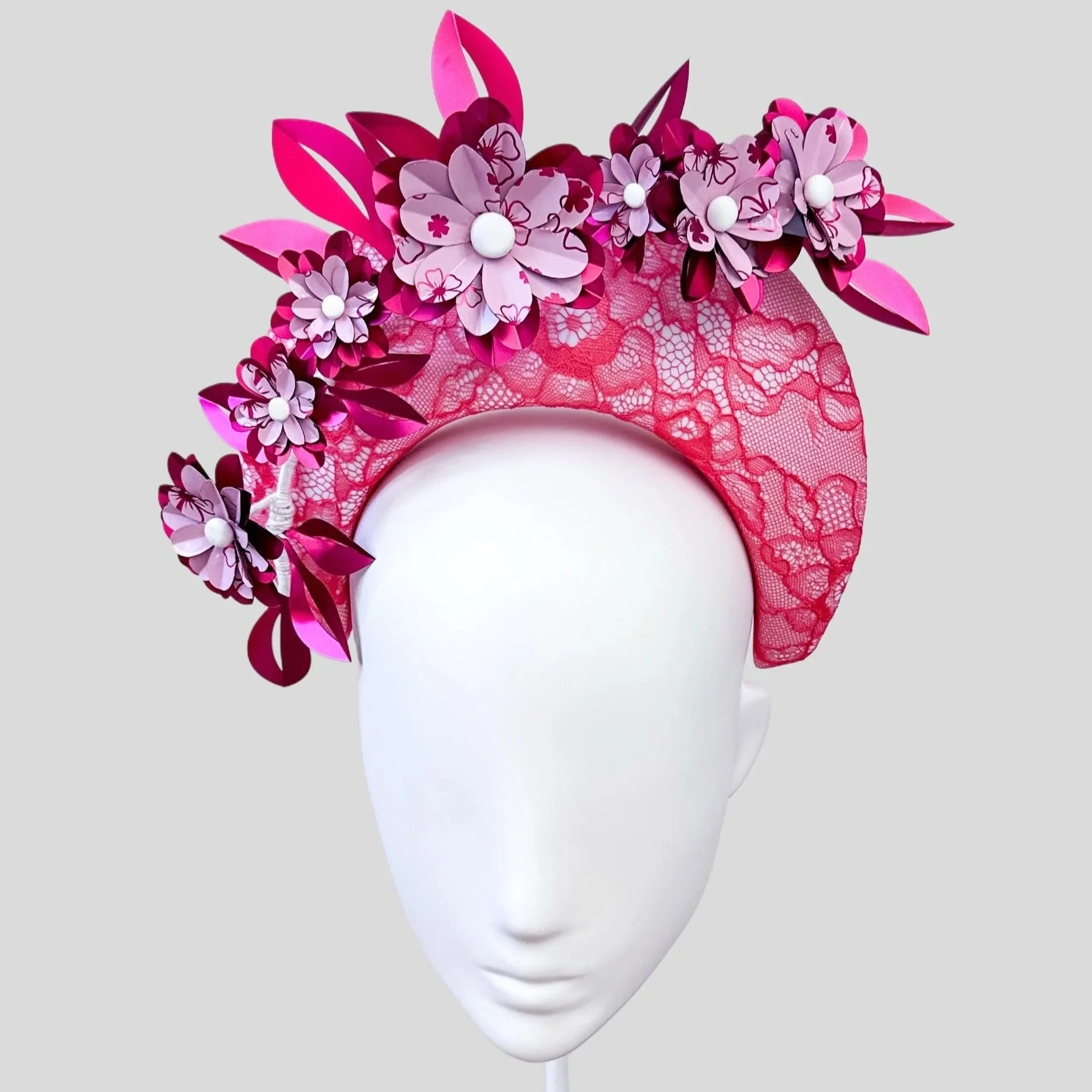 Pink Lace Halo Headband with Floral Trim - Grâce Rose Florale