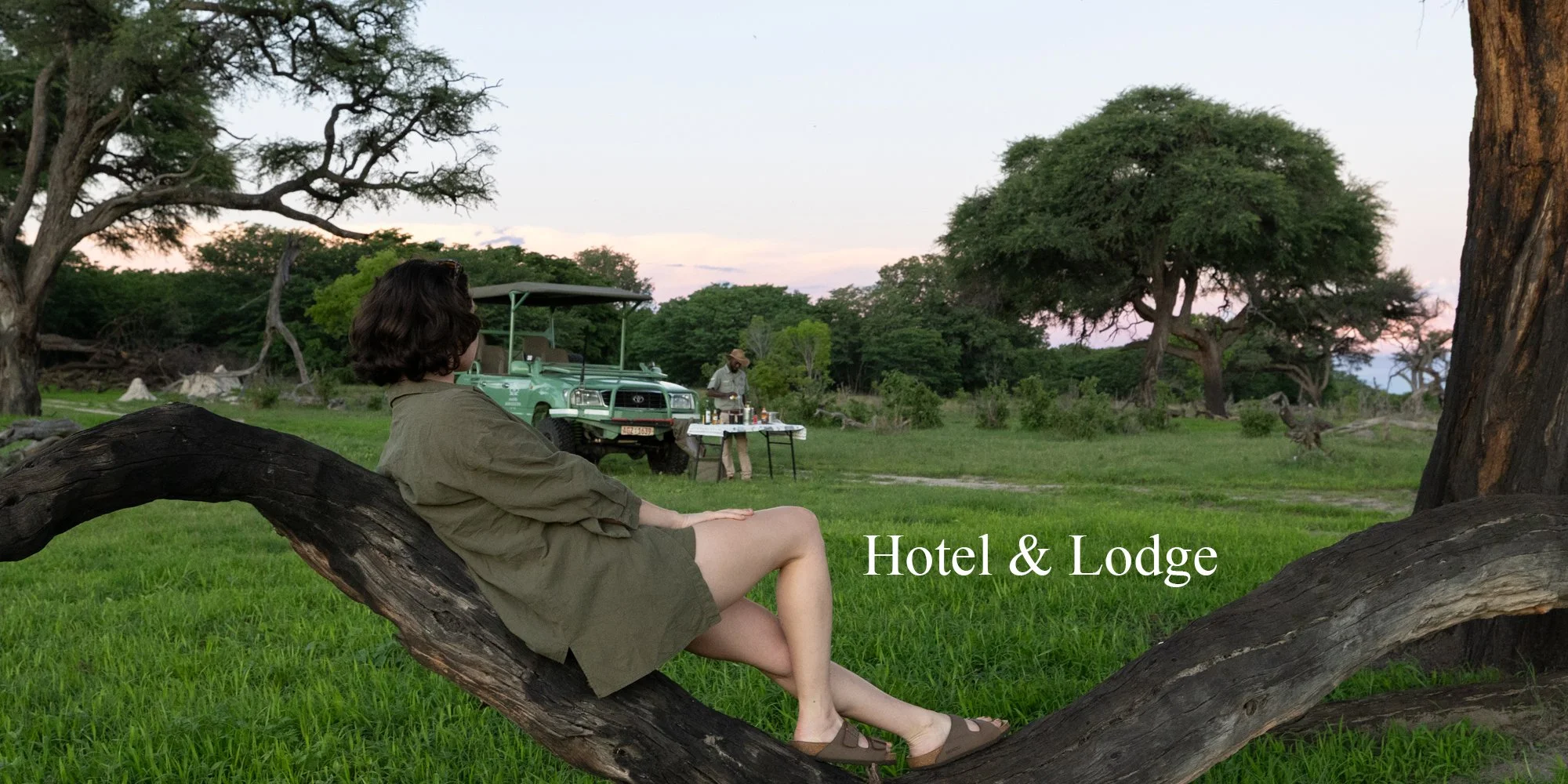A woman sitting on a large fallen tree branch in a grassy landscape during sunset with trees, a safari vehicle, and a person preparing drinks at a table, with the text 'Hotel & Lodge' in the foreground.