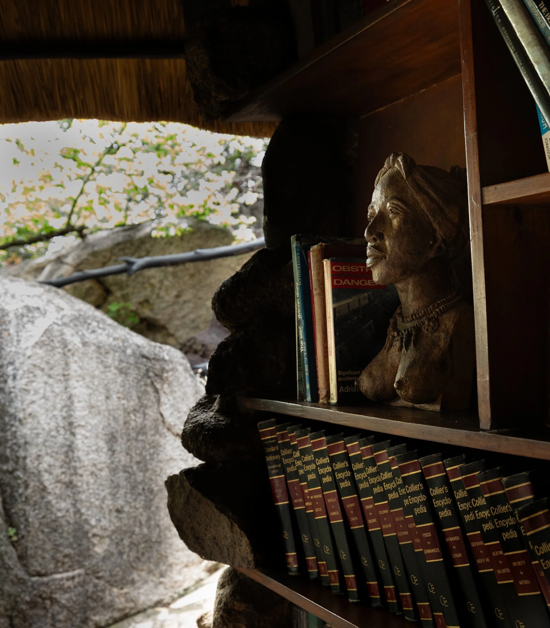 Close-up of a bookshelf with books and a wooden bust sculpture of a woman, against a background of rocks and outdoor foliage.