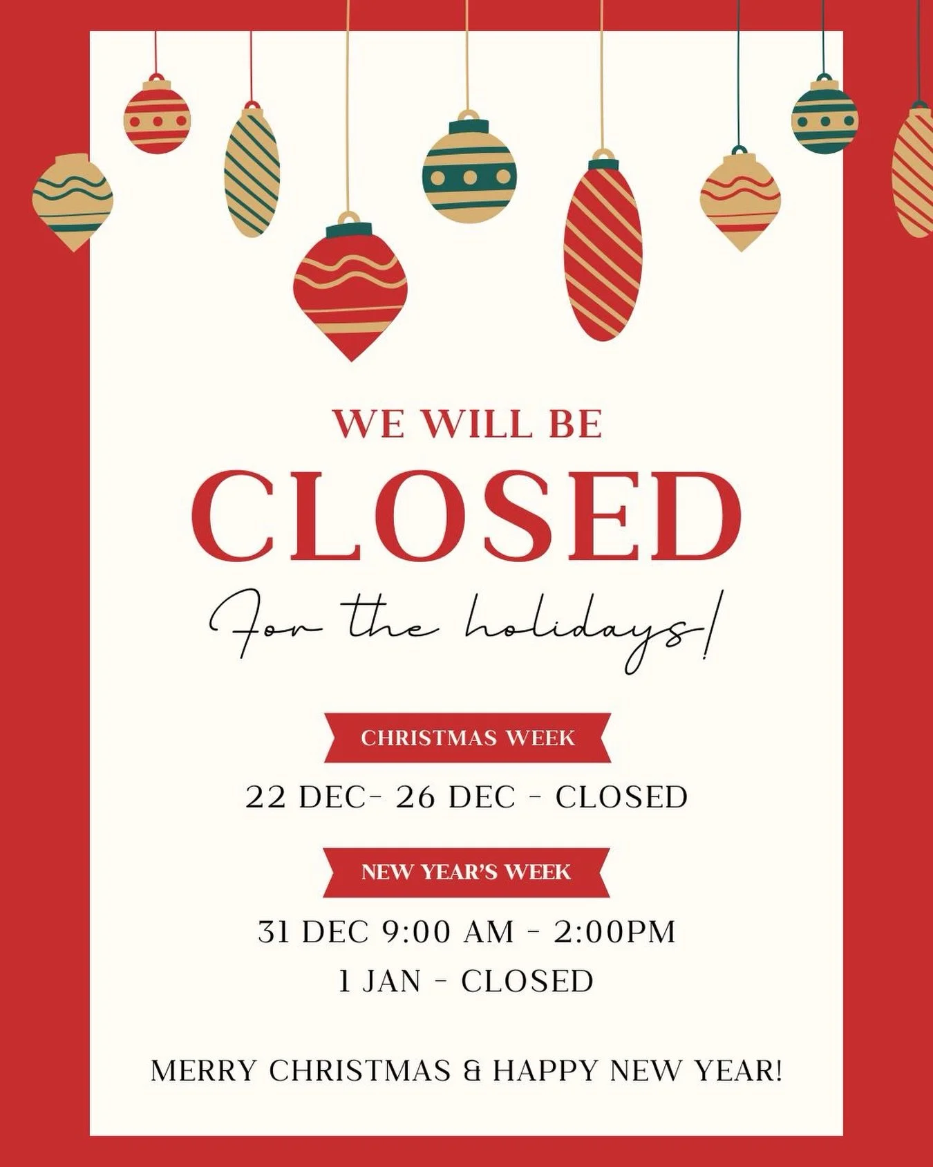 🎄Holiday hours are here ✨ As we celebrate the season with our loved ones, our hours will be a little different. Thanks for planning ahead and wishing you a joyful, cozy, and very Merry Christmas!