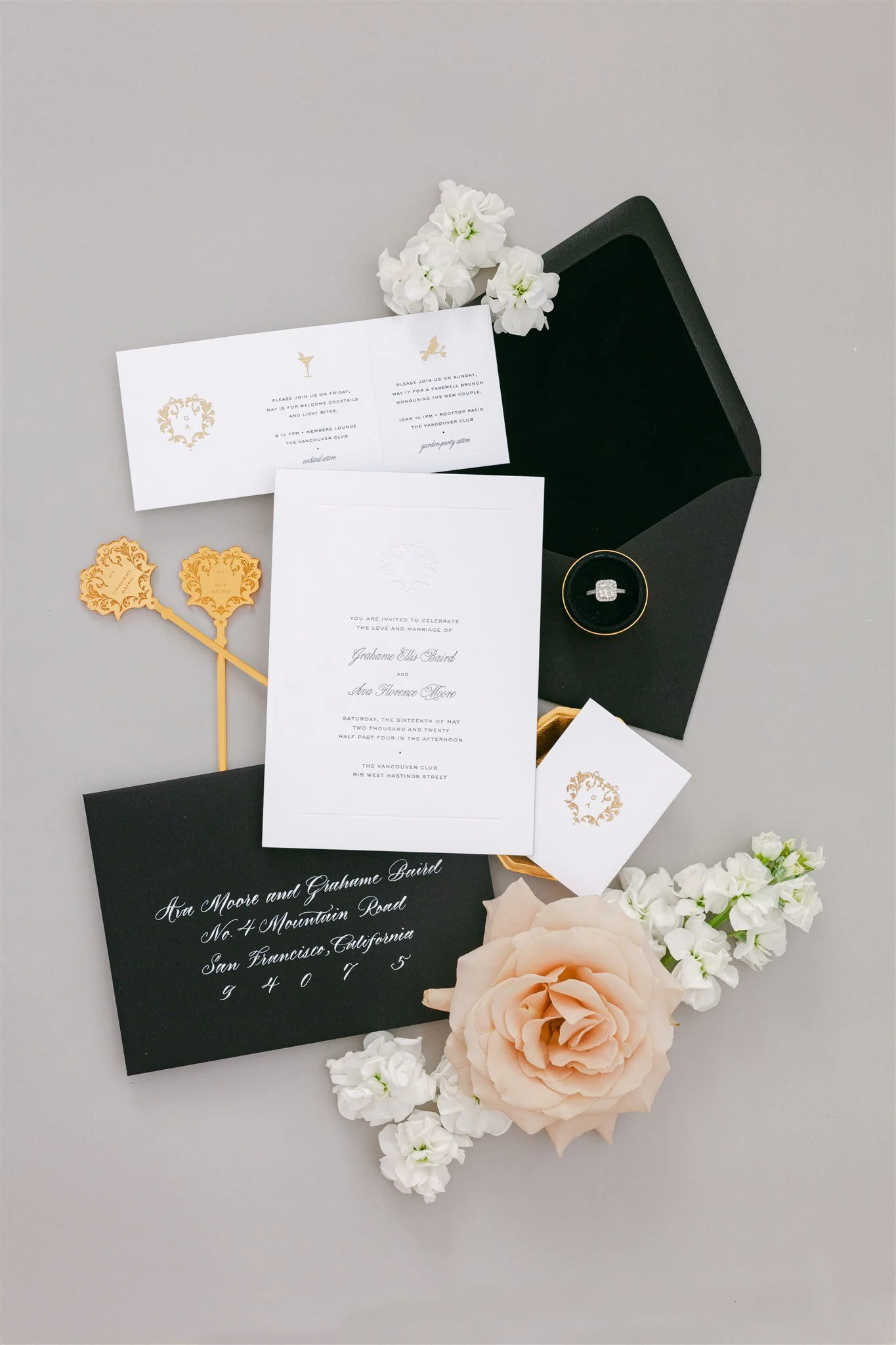 Luxury black-tie wedding invitation with details booklet, calligraphy, black velvet.