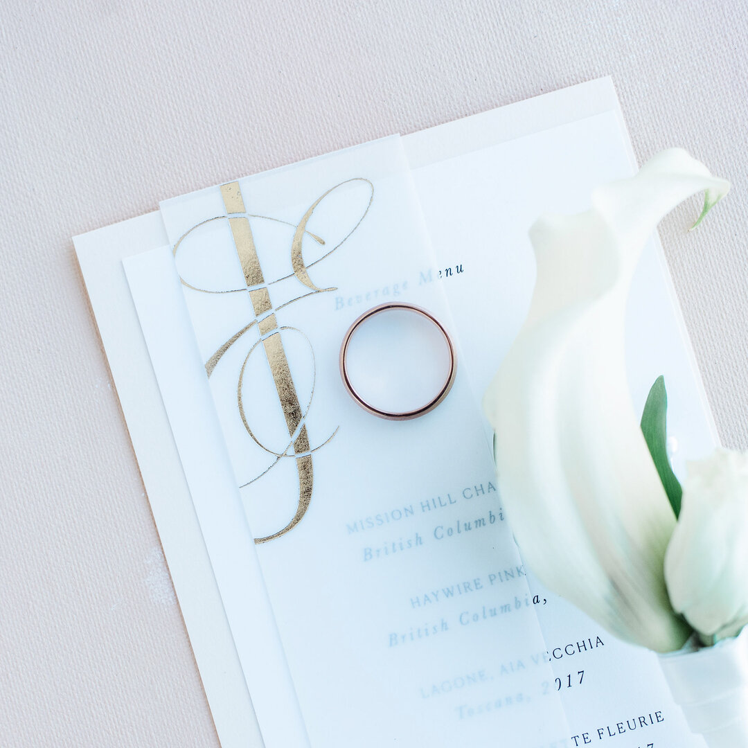We love upping the style of pieces that guests will hold and interact with at the wedding! Fun layers, wraps, bands... they all add an extra dimension to the experience. These beverage + dinner menus were held together with a vertical vellum wrap, fo