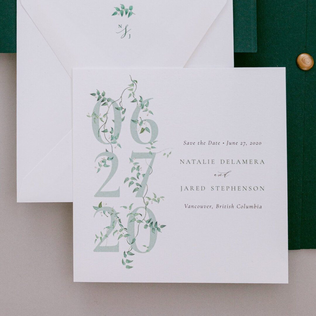 Viney, organic goodness for N+J's simple and classy Save-the-Date. We used a square card with a deep-flapped envelope, and utilized digital printing to show off all of those soft sage tones. 🍃

#vancouverwedding #customstationery #weddinginvitations