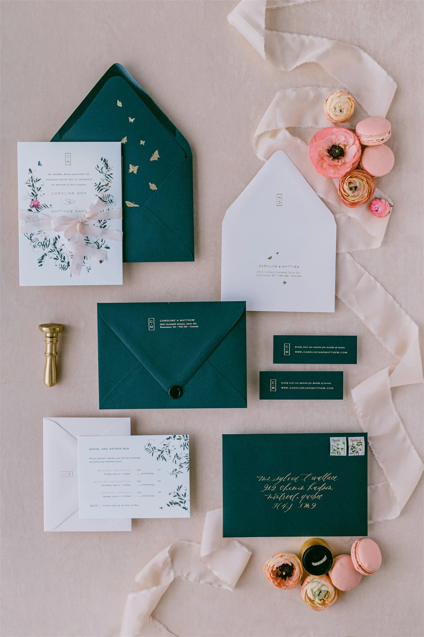 Chic garden wedding invitation suite with RSVP enclosure, details tag, and pink and green palette.