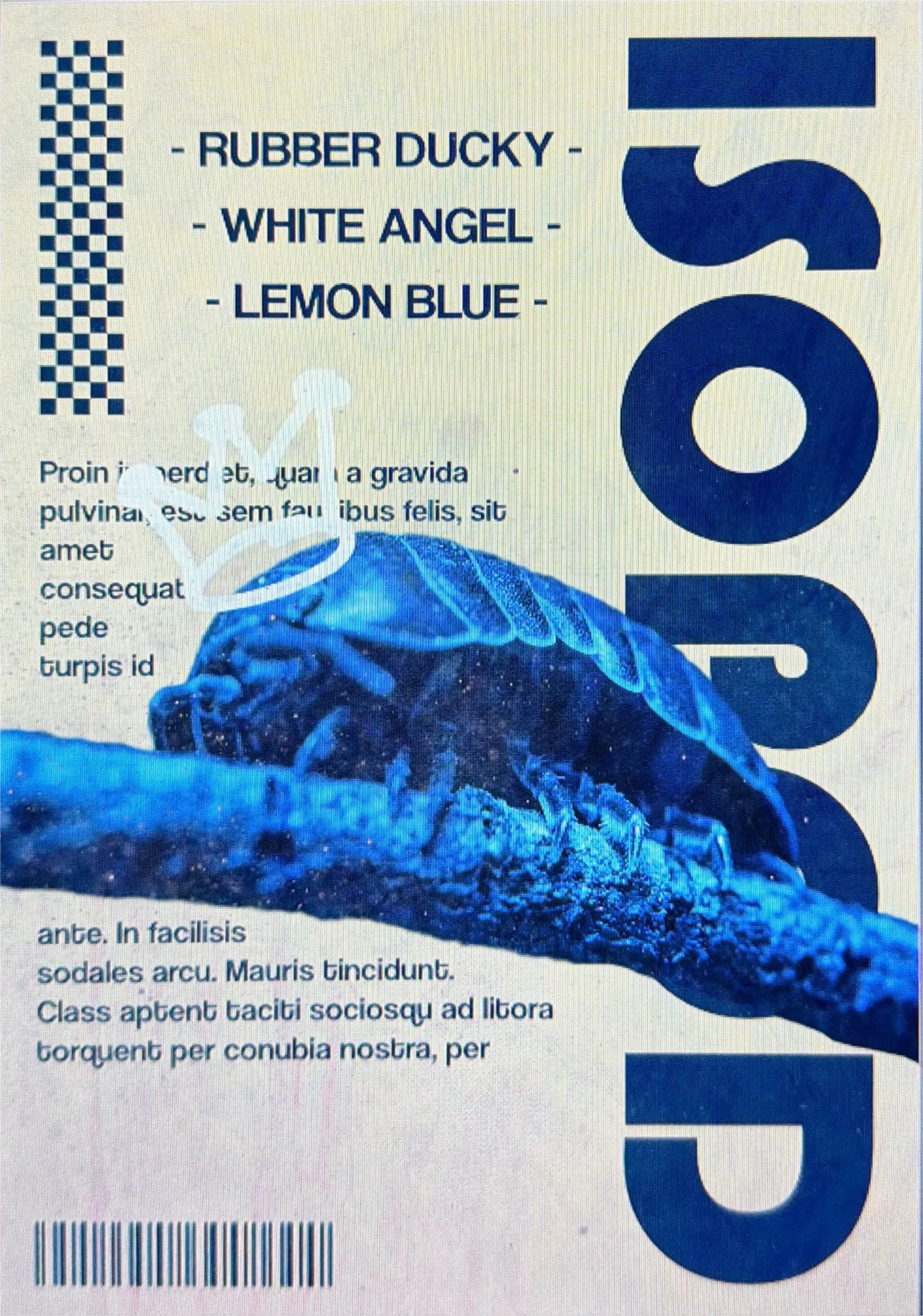 Vintage magazine page features a large blue cicada illustration, with a list of three items: Rubber Ducky, White Angel, Lemon Blue, and large vertical blue text spelling 'POP'.