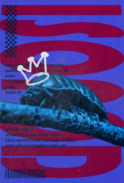 A close-up of a blue-tinted mouth with a robotic appearance, with a white crown drawn above it, on a colorful background with red and purple swirling patterns and partially visible text.