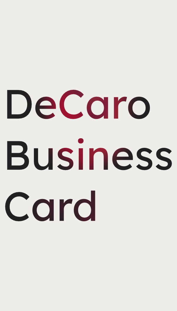 Text that reads 'DeCaro Business Card' in black and burgundy on a plain background.