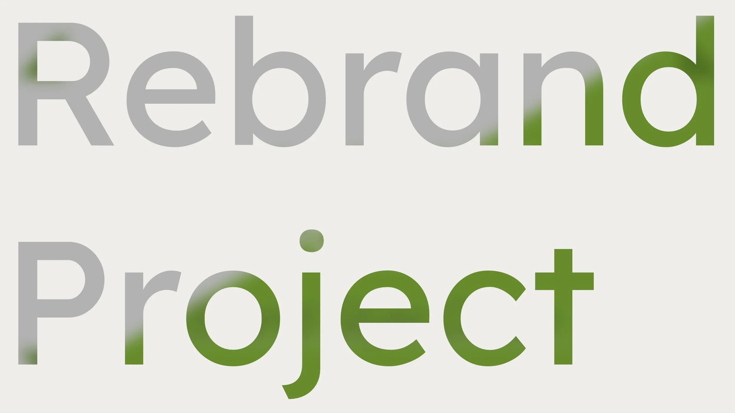 Word cloud with the words 'Rebrand' and 'Project' in large font, with 'Rebrand' in gray and green and 'Project' in gray and green on a light background.