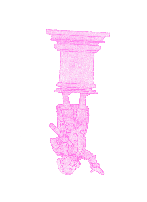 A bright-pink risograph-printed upside-down James Cooke statue based on an illustration in PULL IT DOWN by Matt Chun