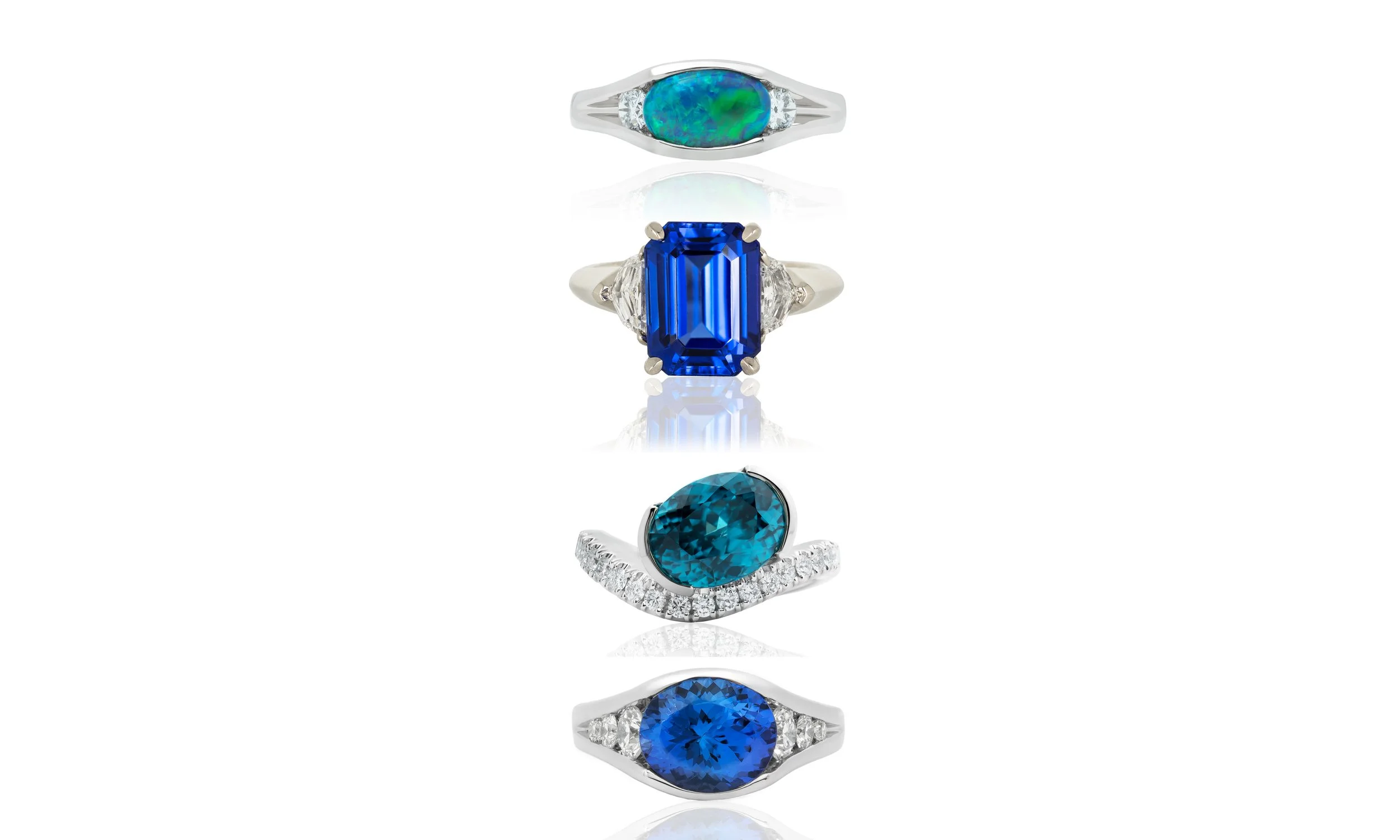 Array of Blues: Zircon Tanzanite Black Opal Rings