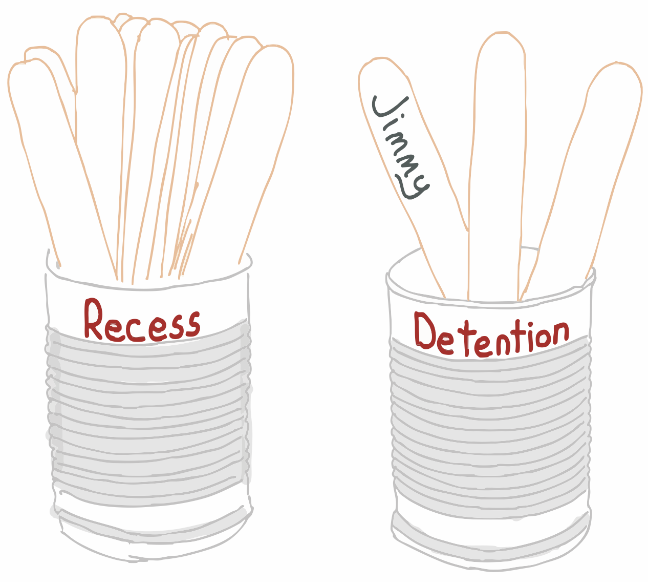 drawing of tin cans with popsicle sticks that has the name "Jimmy" on one of the sticks