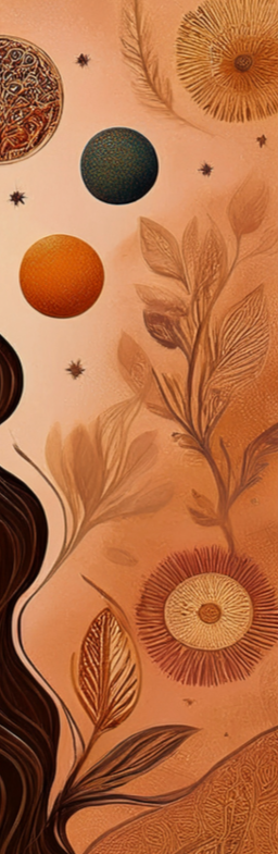 Decorative wall with drawings of plants, leaves, and various circular patterns resembling seeds or flowers, in earthy tones of orange, brown, and green.