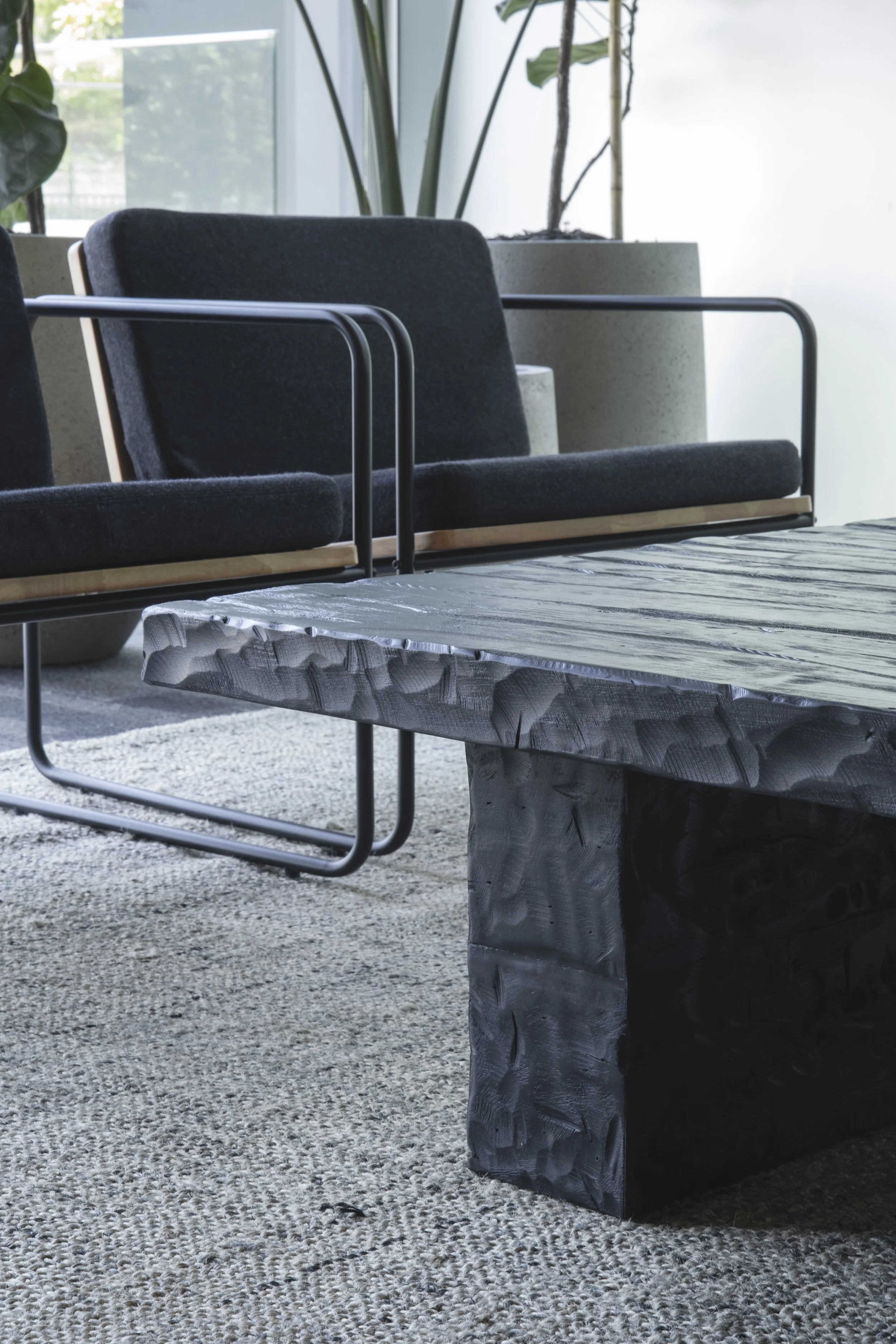 Modern black upholstered lounge chairs with metal frames beside a rustic wooden coffee table and indoor plants