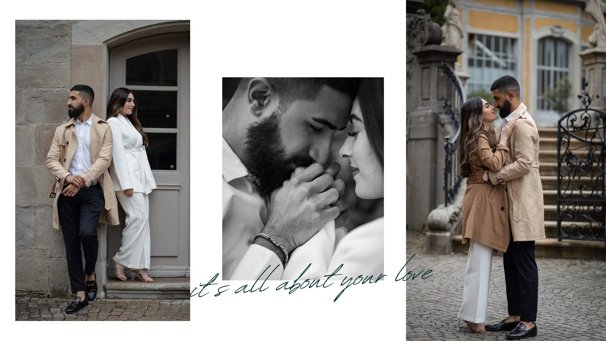 Collage aus drei Fotos von einem Paar, das Zuneigung zeigt. Das erste Bild zeigt einen Mann mit Krawatte und Trenchcoat, der neben einer Frau in weißem Anzug auf einer Treppe steht. Das zweite Bild ist eine Nahaufnahme in Schwarz-Weiß von einem Mann und einer Frau, die ihre Stirn und Nasen berühren, die Hände sind verschränkt. Das dritte Bild zeigt das Paar, das sich liebevoll umarmt, vor einer alten, kunstvoll verzierten Treppe. Über dem dritten Bild ist der Text: 'it’s all about your love'.