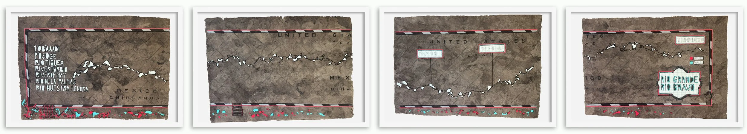 Title: Meander Story | Cut Map (2026)
Approximate size: Sequence of four framed drawings. 
•	Each frame 17” x 24”
Media: Amate bark paper acquired while living in Puebla, Mexico and gouache paint 
The four-part collaged drawing is based on a survey m