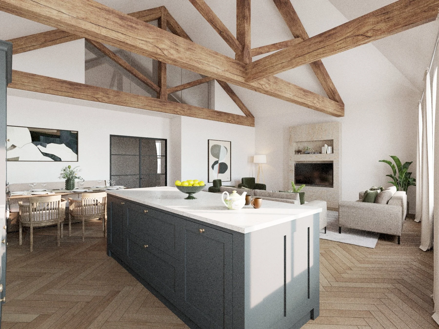 Open-concept living space with a kitchen island, dining area, and sitting area, featuring exposed wooden beams on the ceiling and large windows with curtains.