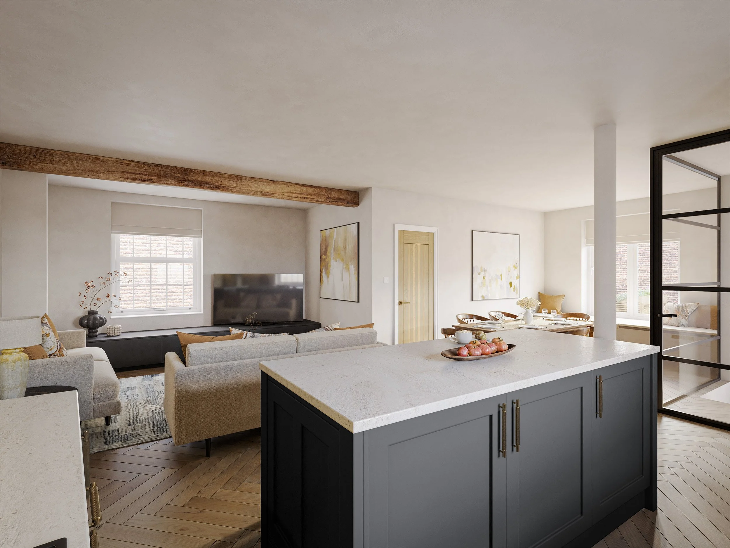 Open-concept living and dining room with kitchen island, beige sofas, wall art, television, and large windows
