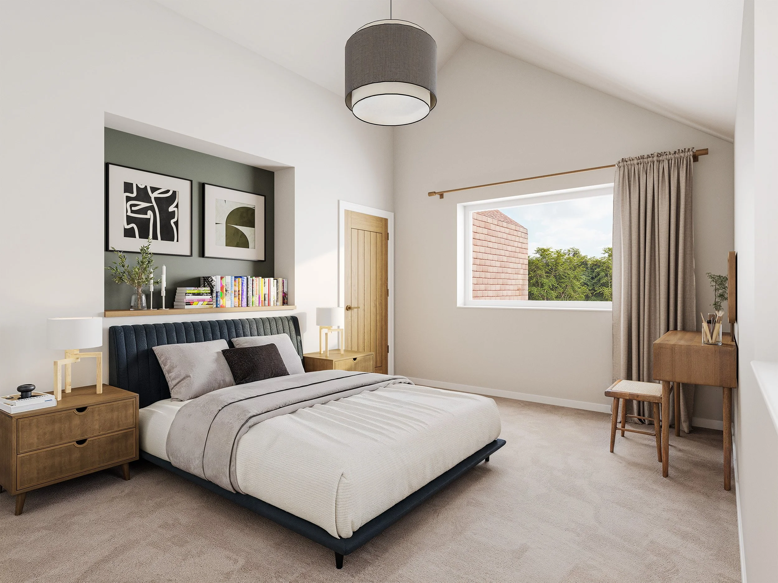 A modern bedroom with a large bed featuring gray pillows and a beige blanket, two wooden bedside tables with lamps, a bookshelf with colorful books, and framed wall art, a window with curtains overlooking greenery, a wooden door, and a small wooden desk with a stool.