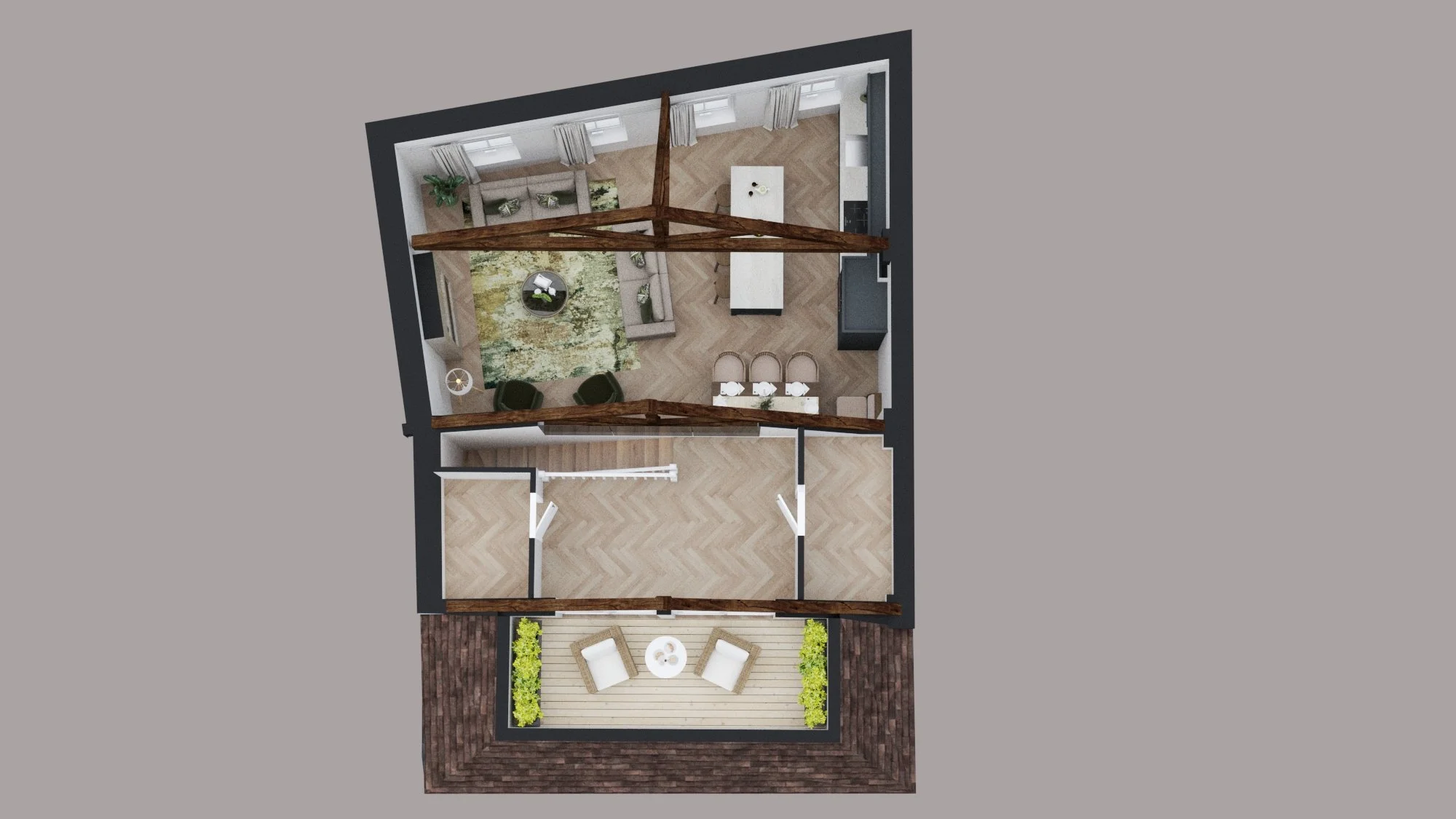 Top-down view of an apartment floor plan showing a living room, kitchen, dining area, and a balcony with two chairs and a small table.