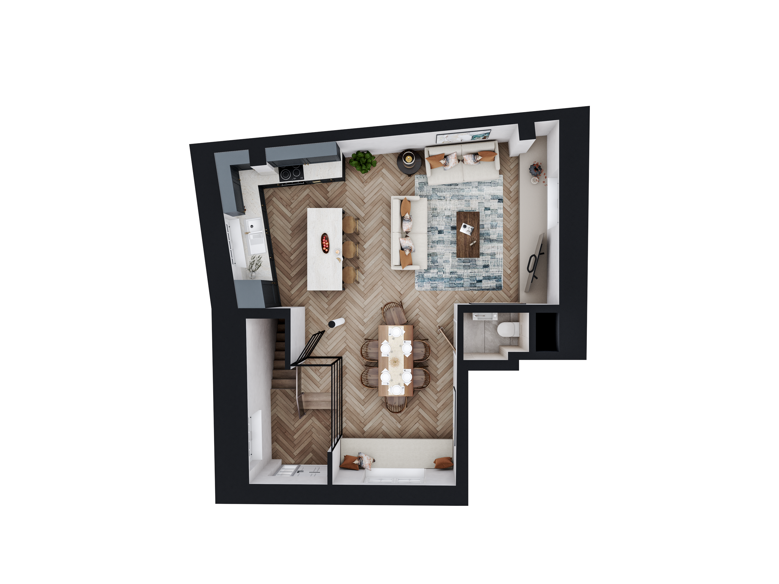 Floor plan of an apartment featuring a kitchen with an island, a dining area with a rectangular table and six chairs, a living room with a sofa, coffee table, and TV, and a small bathroom.
