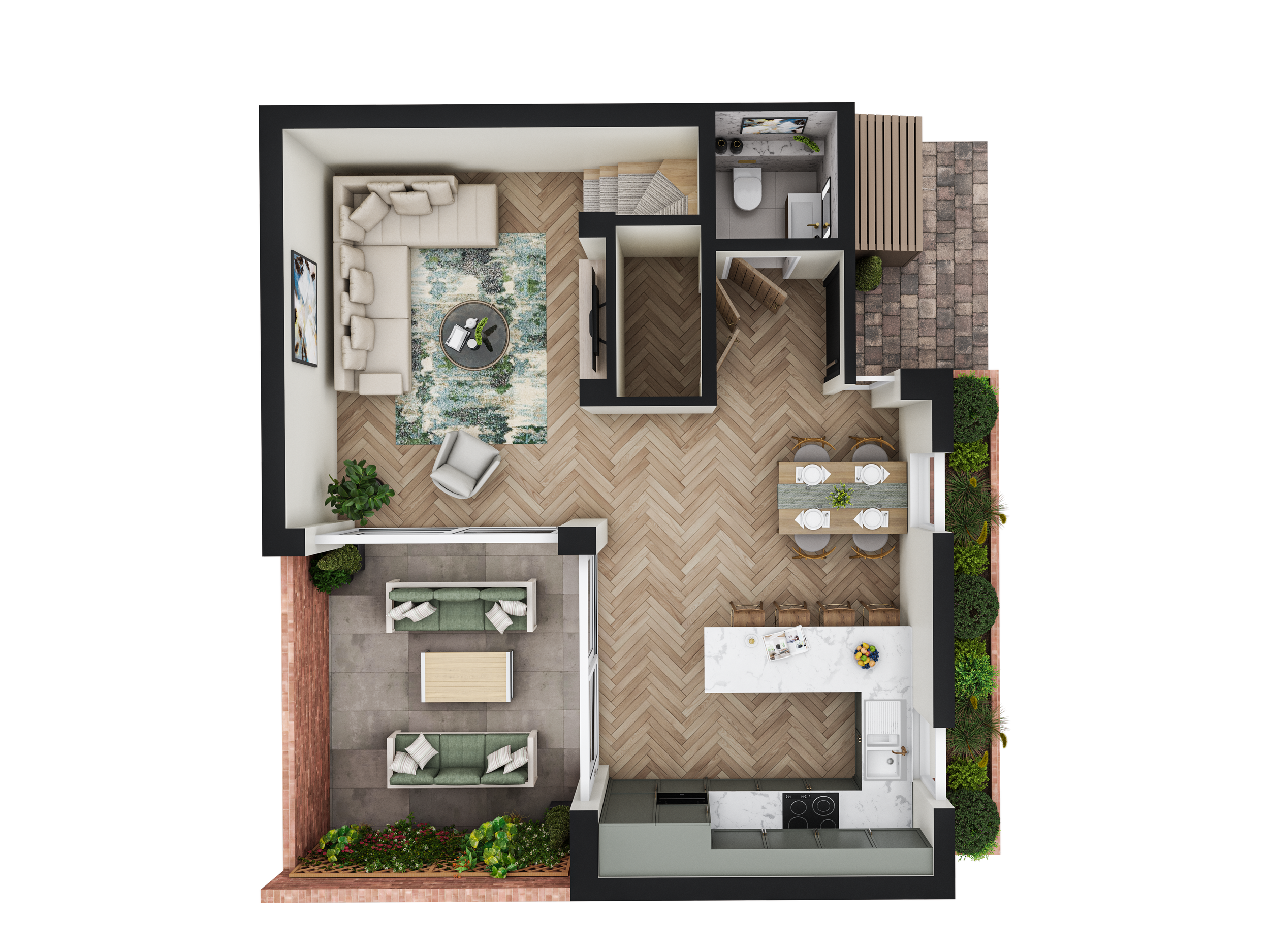 Top-down view of a modern home interior including a living room, dining area, kitchen, small patio, and outdoor seating with plants.