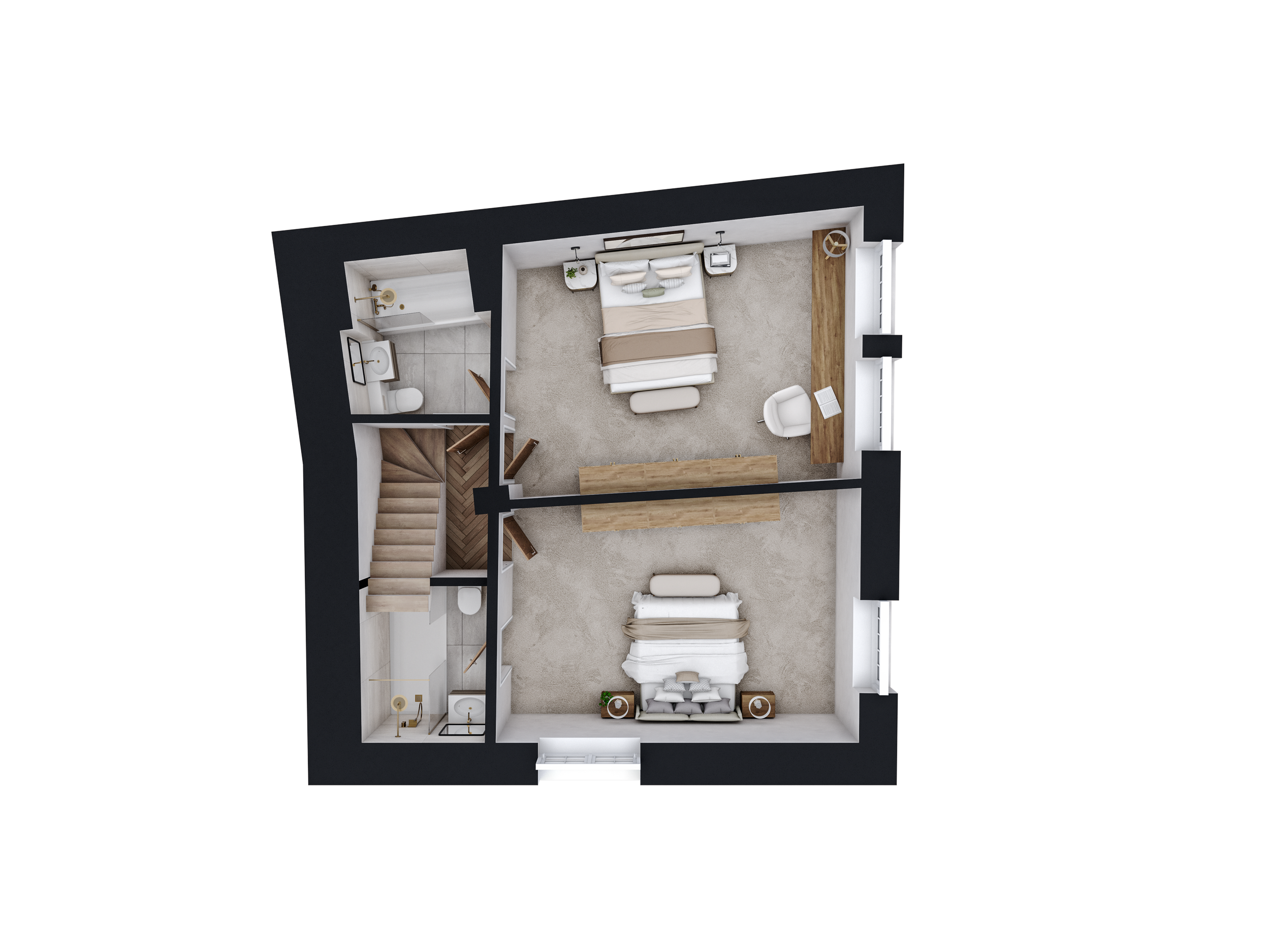 Top-down view of an upstairs bedroom with a bed, desk, chair, and an adjacent bathroom with a toilet and shower.
