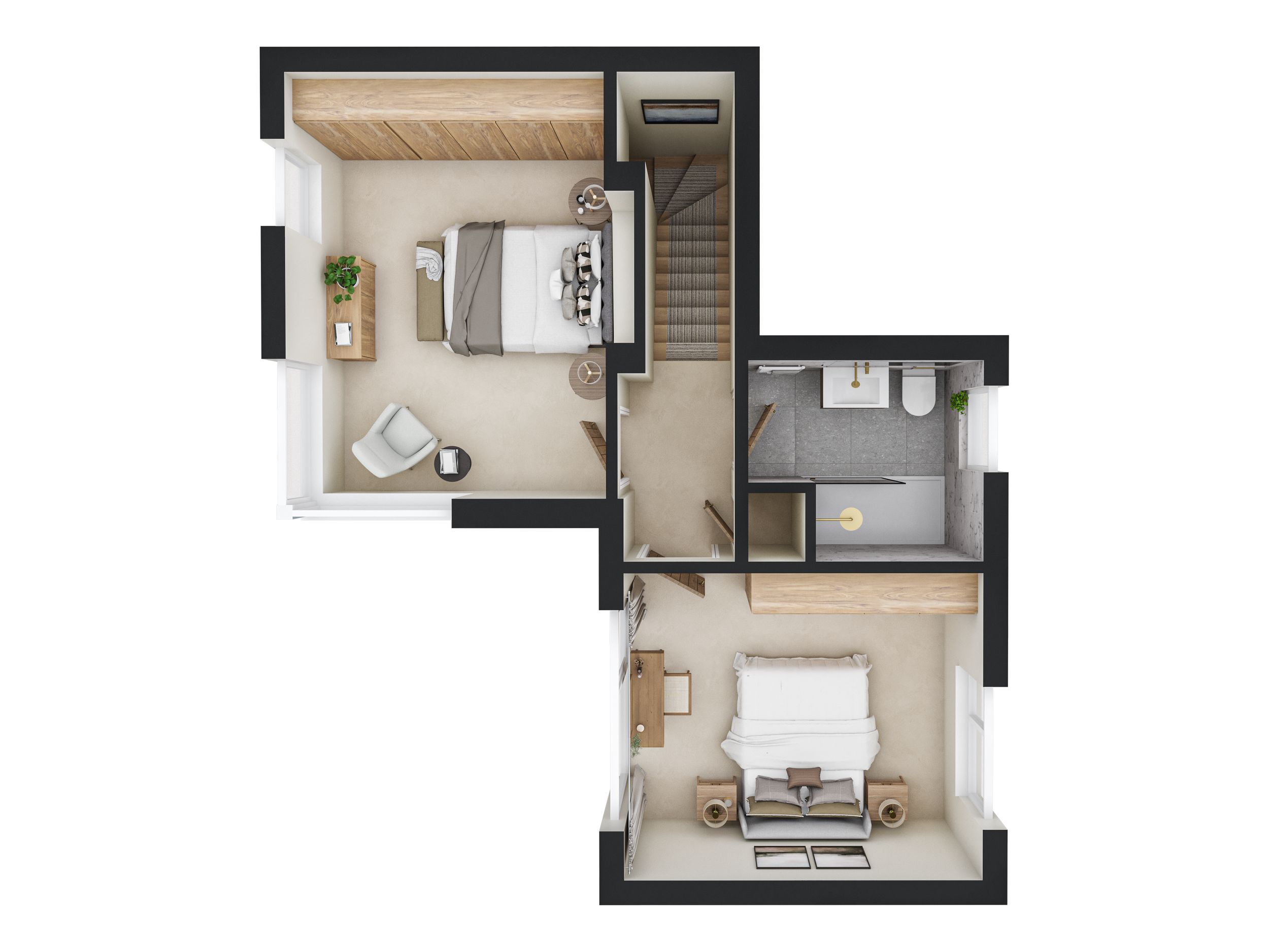 A 3D floor plan of a small apartment with two bedrooms, a bathroom, and a staircase. One bedroom has a large bed, a chair, a desk, and a window. The other bedroom has a large bed with bedside tables and a window. The bathroom contains a shower, sink, and toilet.