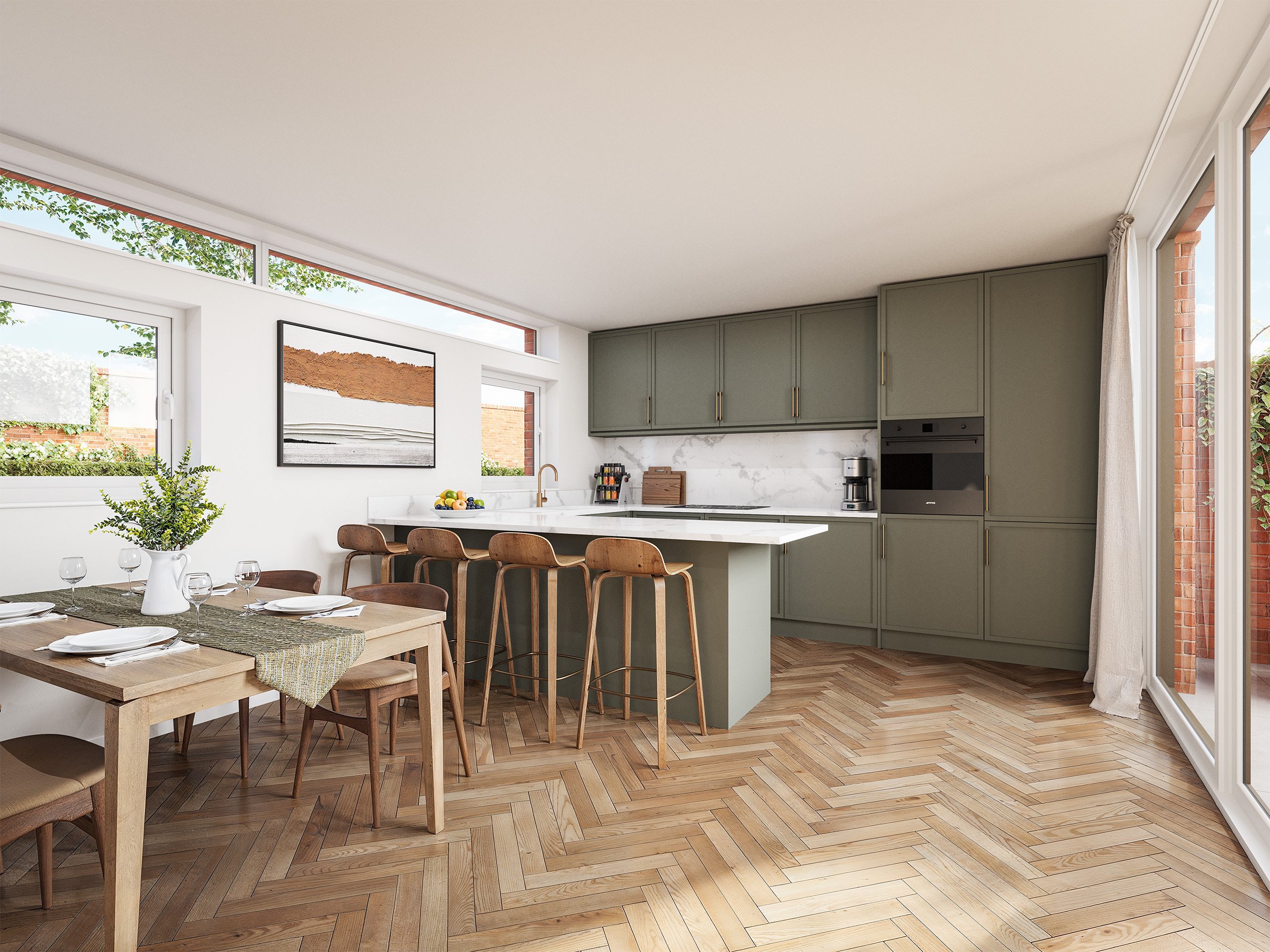 Modern kitchen and dining area with green cabinets, white marble backsplash, wooden dining table with six chairs, potted plant, and large windows and doors with view of outdoor greenery.