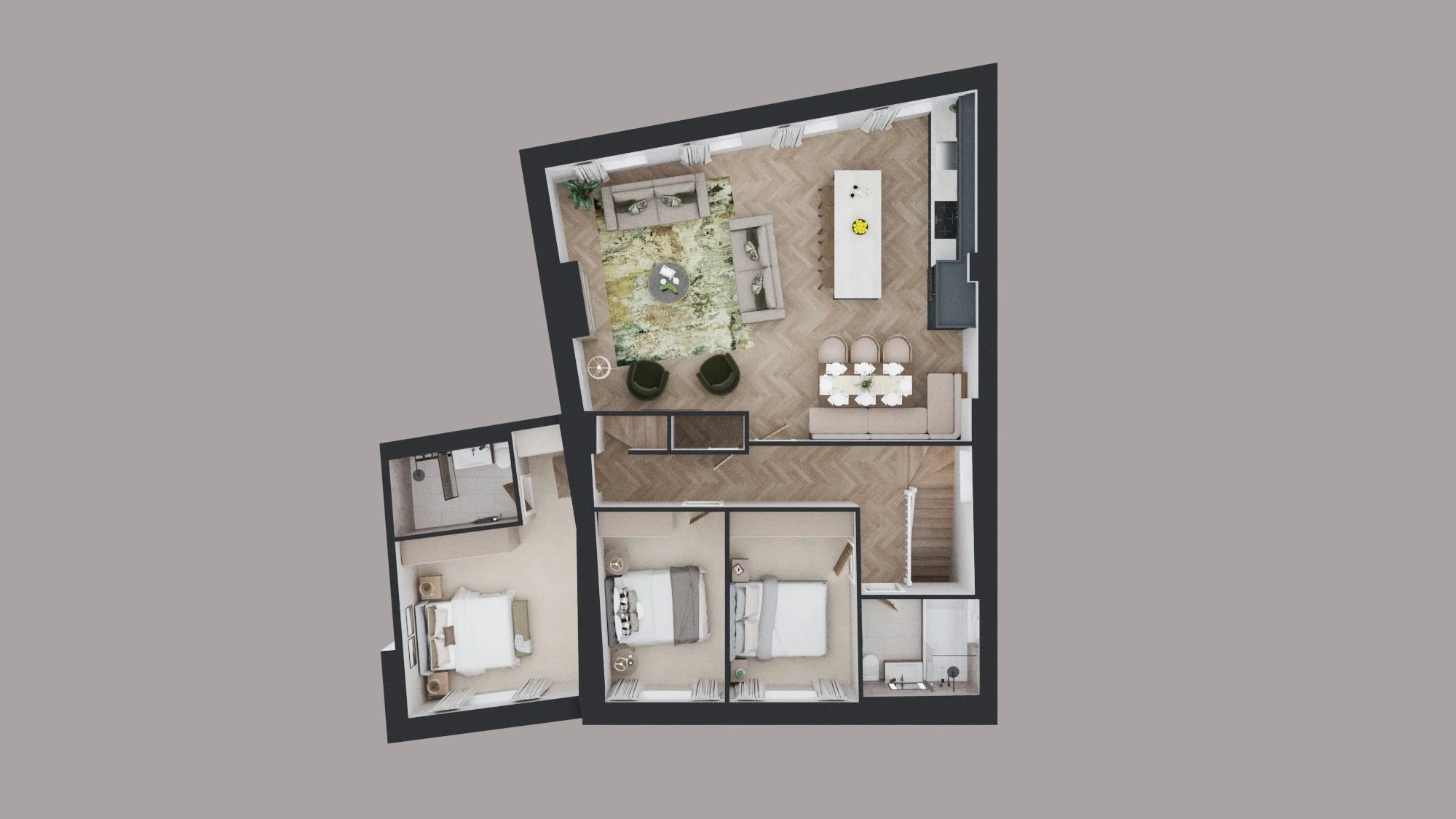 3D floor plan of a modern apartment with a living room, dining area, kitchen, two bedrooms, and a bathroom.