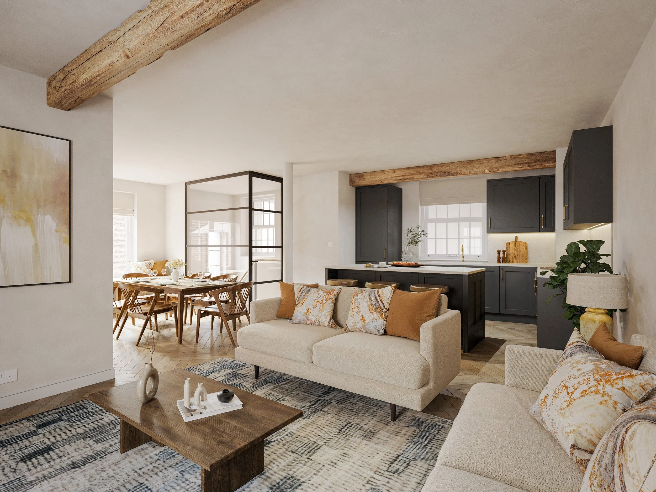 Open-concept living room and dining area with beige sofas, decorative pillows, a wooden coffee table, a dining table with chairs, and a kitchen with dark cabinetry and wooden accents, natural light coming through windows.