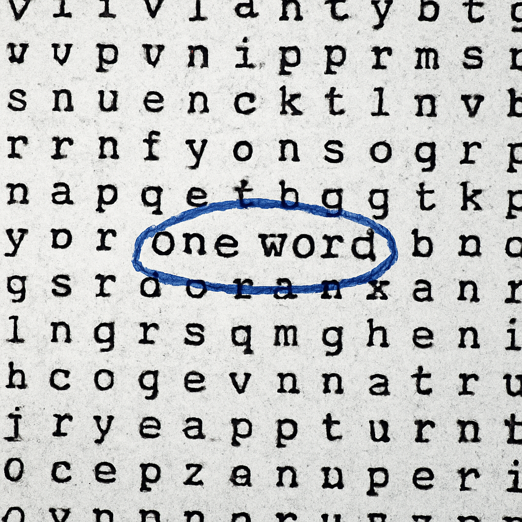 Looks like a word-search, but the only readable words are "one word" with a circle around it, as if it is clear that someone found the one word search