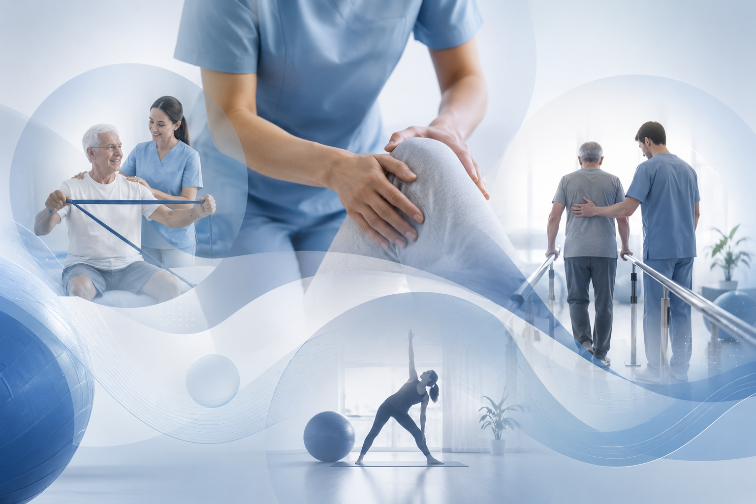 Healing and physical therapy scene with a healthcare professional helping an elderly man with knee rehab, supporting a mother and daughter during exercise, guiding an elderly patient on crutches, and a woman doing yoga in a bright gym.