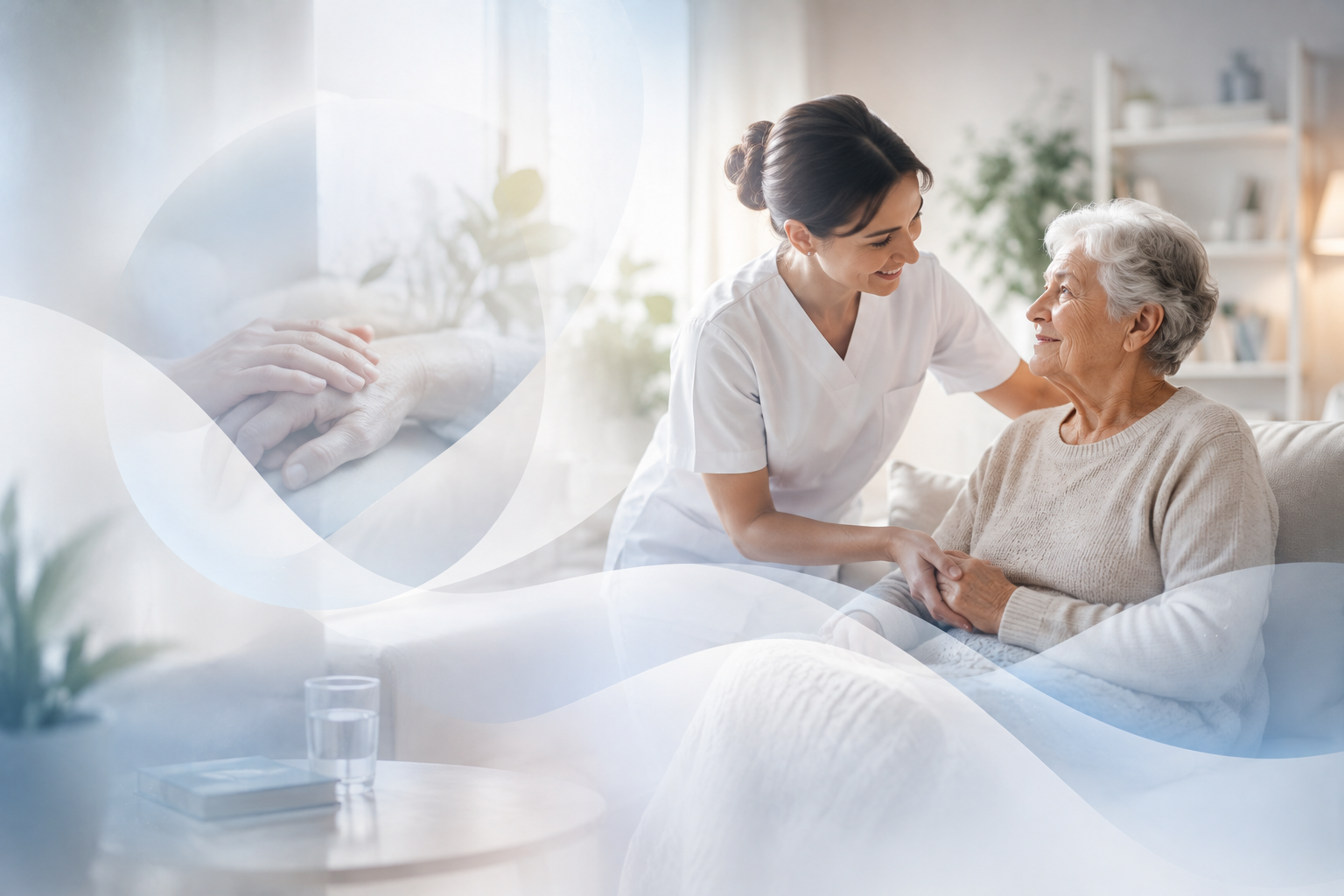 A caregiver holding hands with an elderly woman in a cozy, well-lit living room. The caregiver is smiling and talking to the woman, who is seated on a couch. The room has a warm and welcoming atmosphere with plants and books in the background.