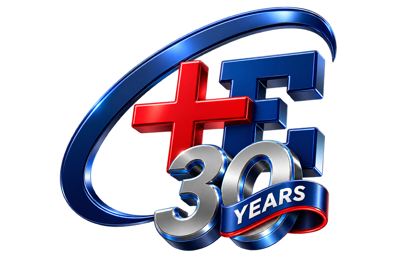 Celebrating 30 years with a blue and red 3D logo featuring a medical cross and the words "30 Years" on a ribbon underneath.