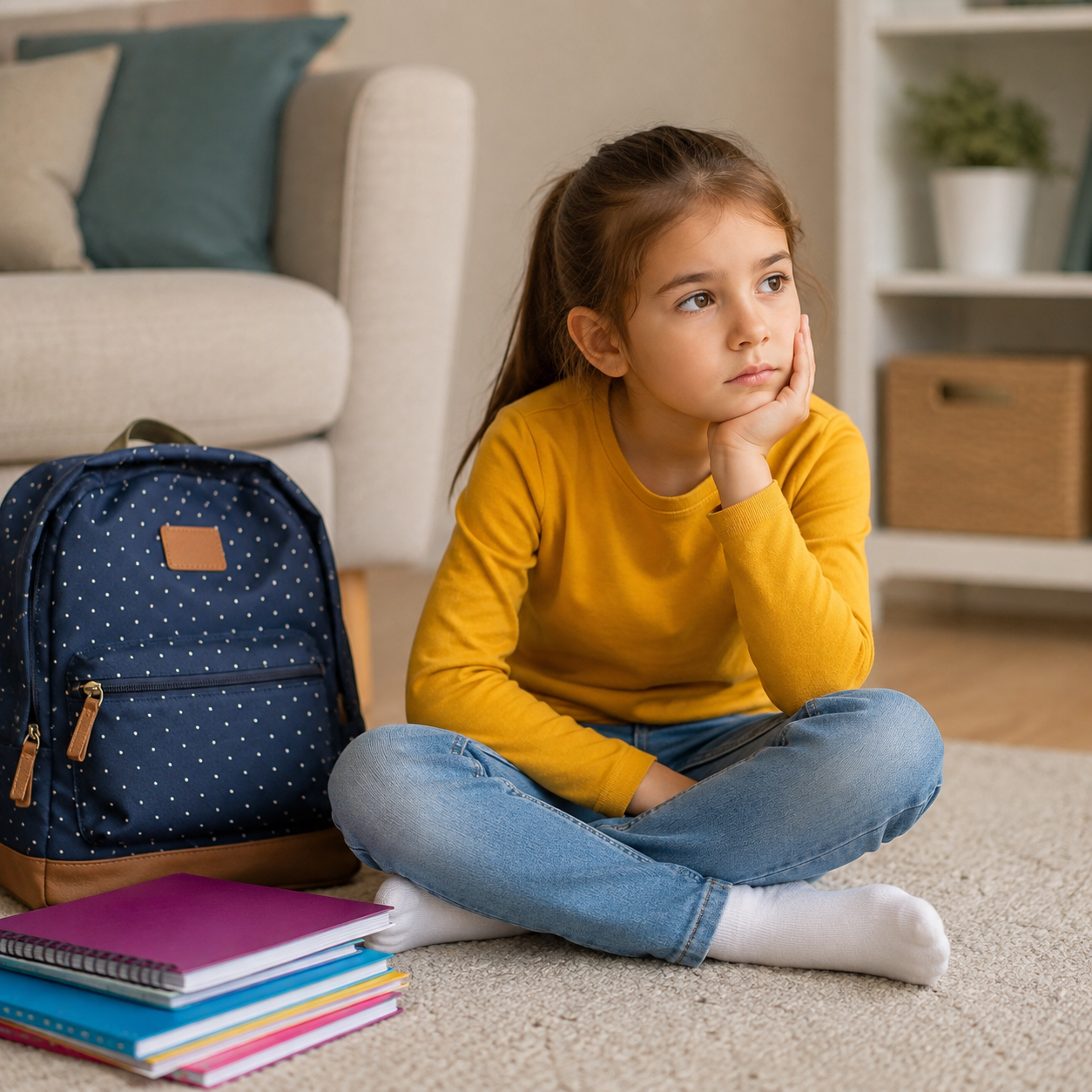 A young girl with brown hair in a yellow shirt and jeans sitting on a carpeted floor, looking thoughtful with her hand on her face, next to a blue polka-dotted backpack and a stack of notebooks.