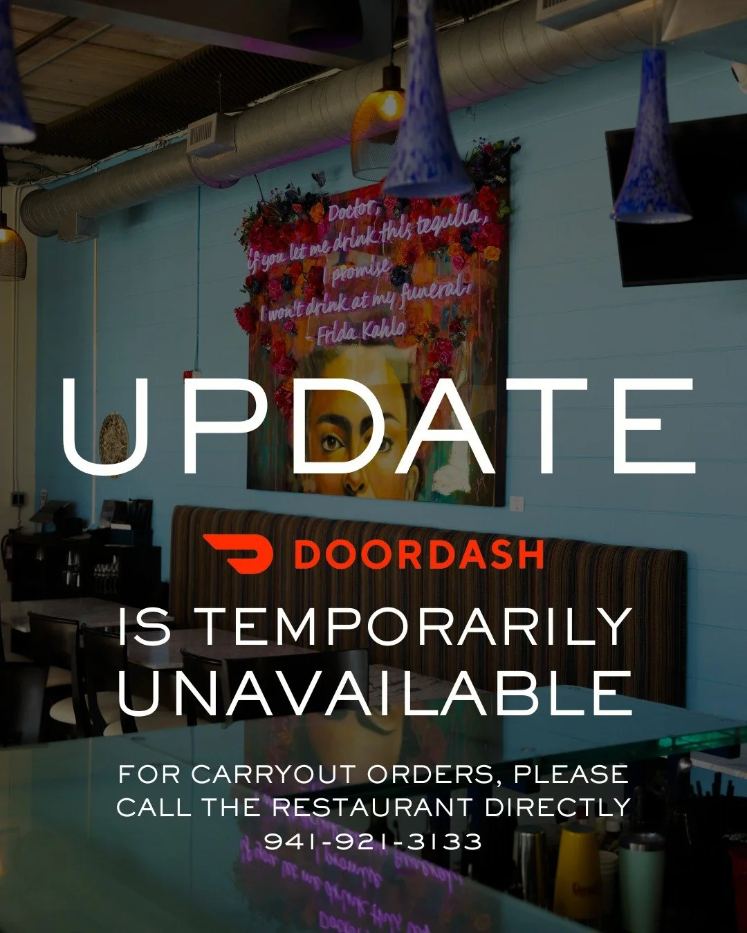 🚨 Update 🚨 DoorDash is temporarily unavailable.
For carryout, please give us a call at 941-921-3133 &mdash; we&rsquo;ll have your order ready hot and fresh! 🌮📞