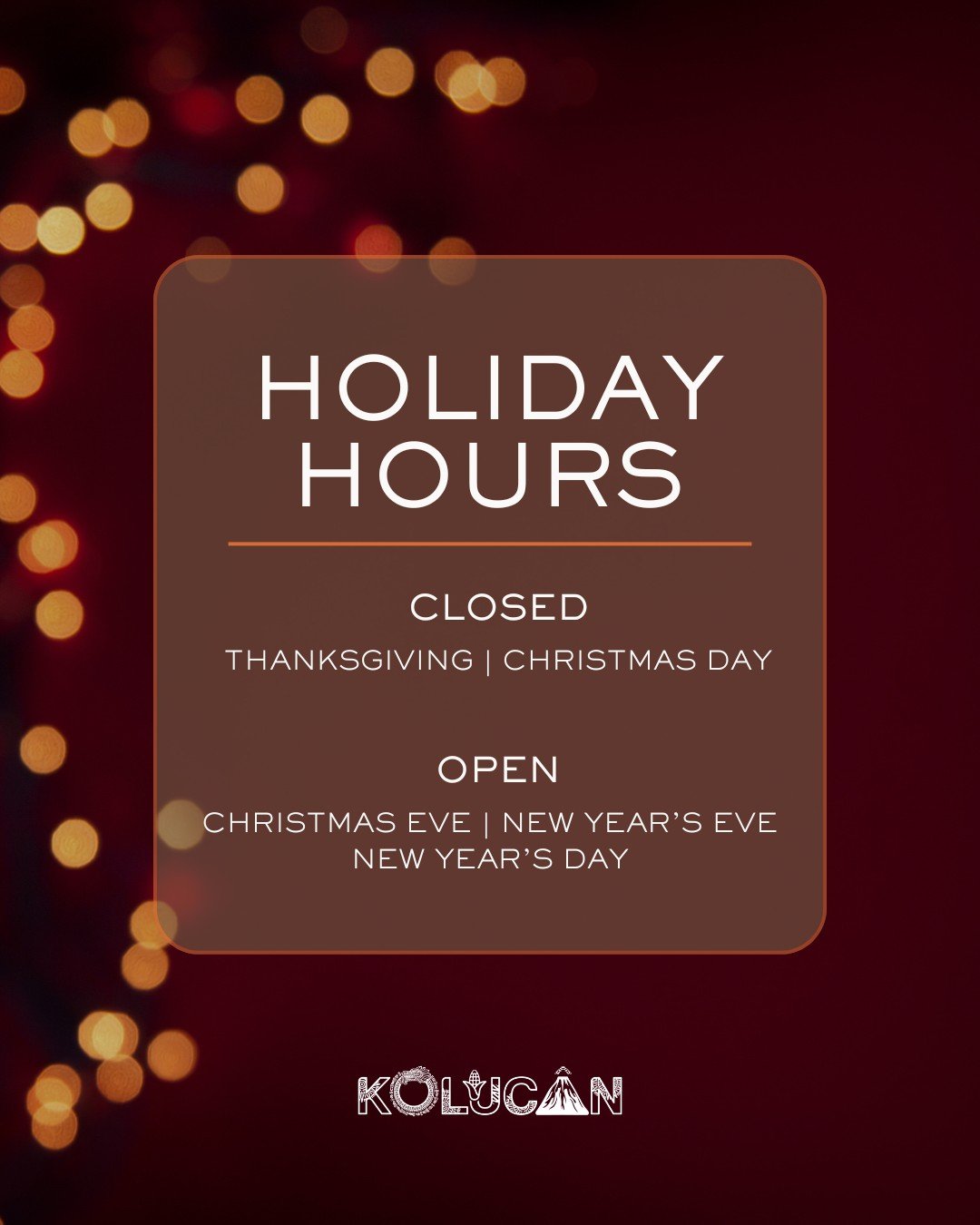 Wishing you a joyful holiday season! 🎄✨
We&rsquo;ll be closed Thanksgiving and Christmas Day, but open Christmas Eve, New Year&rsquo;s Eve, and New Year&rsquo;s Day. Come celebrate with us!