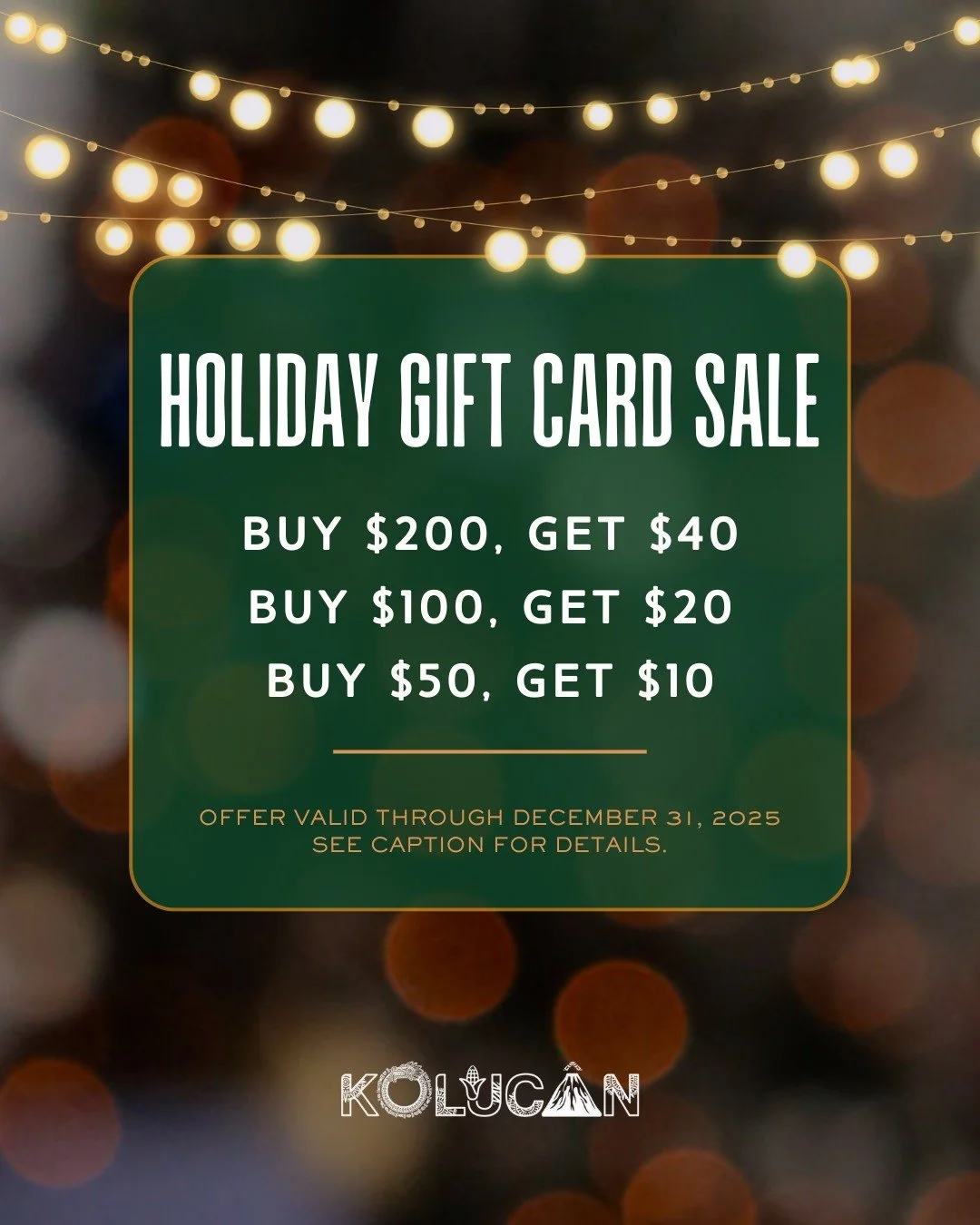Our Holiday Gift Card Sale is live! 🎁
Buy $50, $100, or $200 and receive a bonus voucher to use on a future visit.

Please note:
&bull; Bonus vouchers are separate from the gift card
&bull; Cannot be redeemed the same day as purchase
&bull; Bonus vo