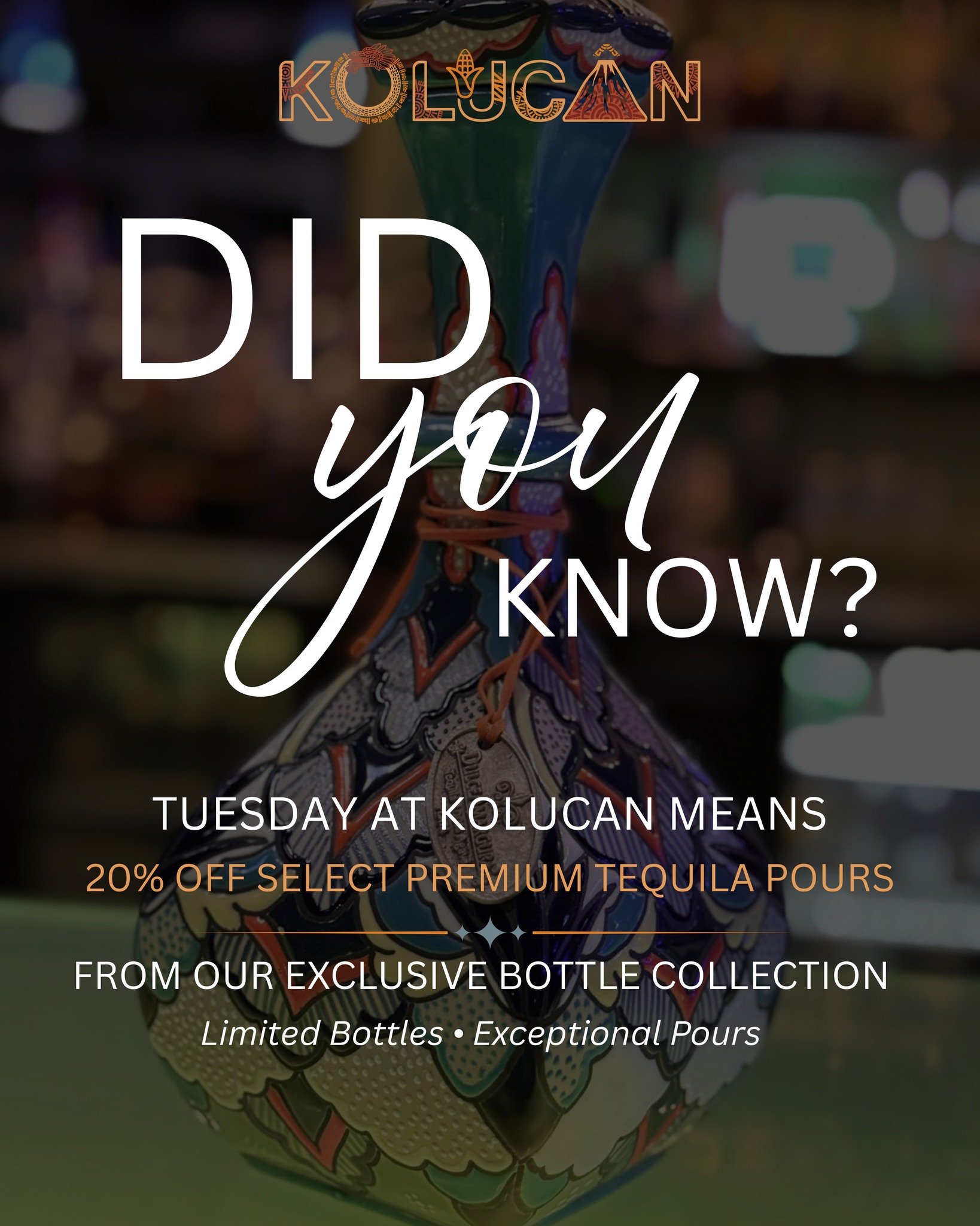 For those who appreciate exceptional agave&hellip;
Tuesday is your night to explore the best of our collection. Limited bottles, incredible flavor.

#kolucan #sarasota #premiumtequila #mexican #tequila #tequilalovers