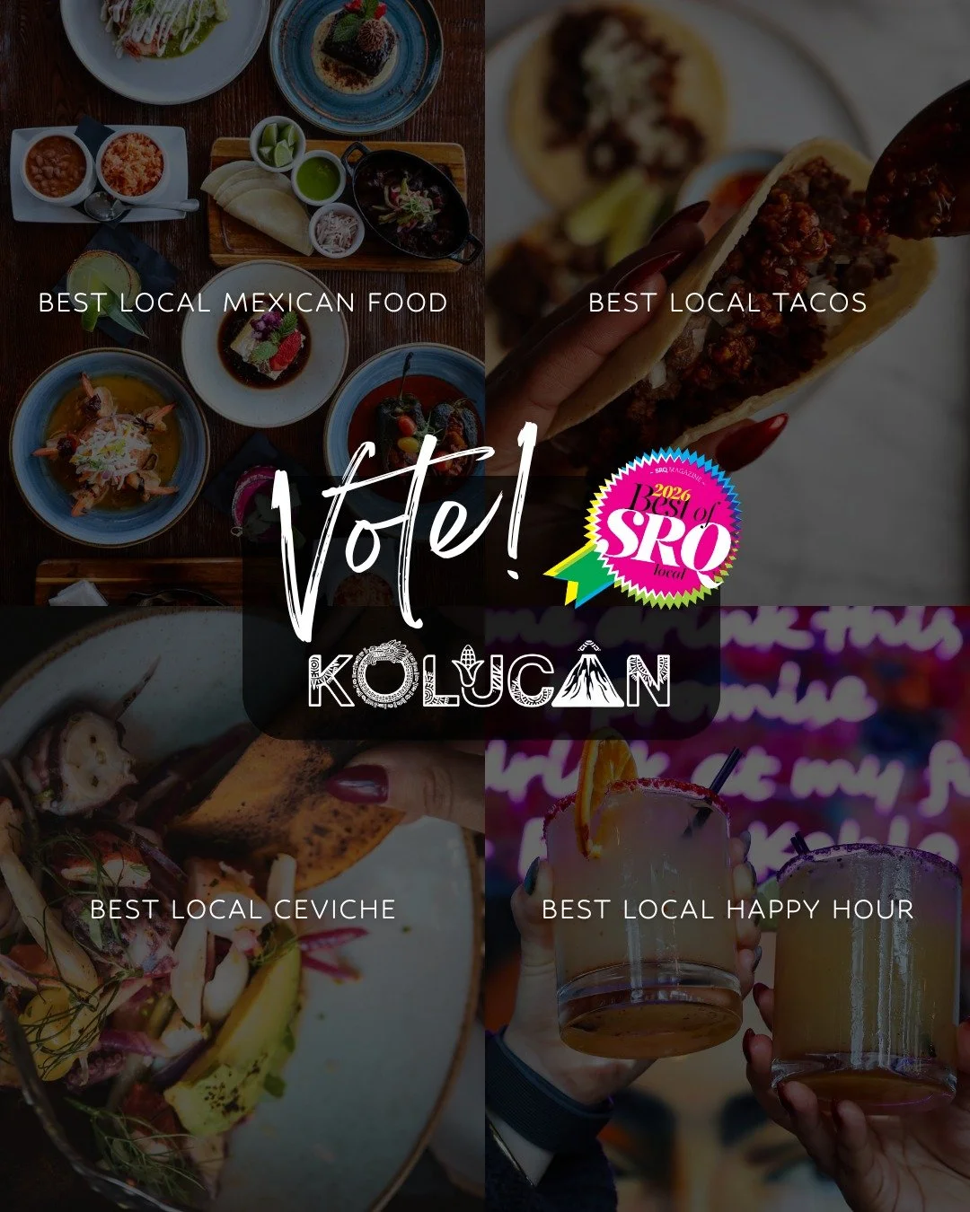 We&rsquo;re feeling the love. ❤️
Kolucan has made it to the voting round of @srqmag Best of SRQ Local in four categories, and we couldn&rsquo;t have done it without you.

Vote daily through February 4 for:
&bull; Best Local Mexican Food
&bull; Best L