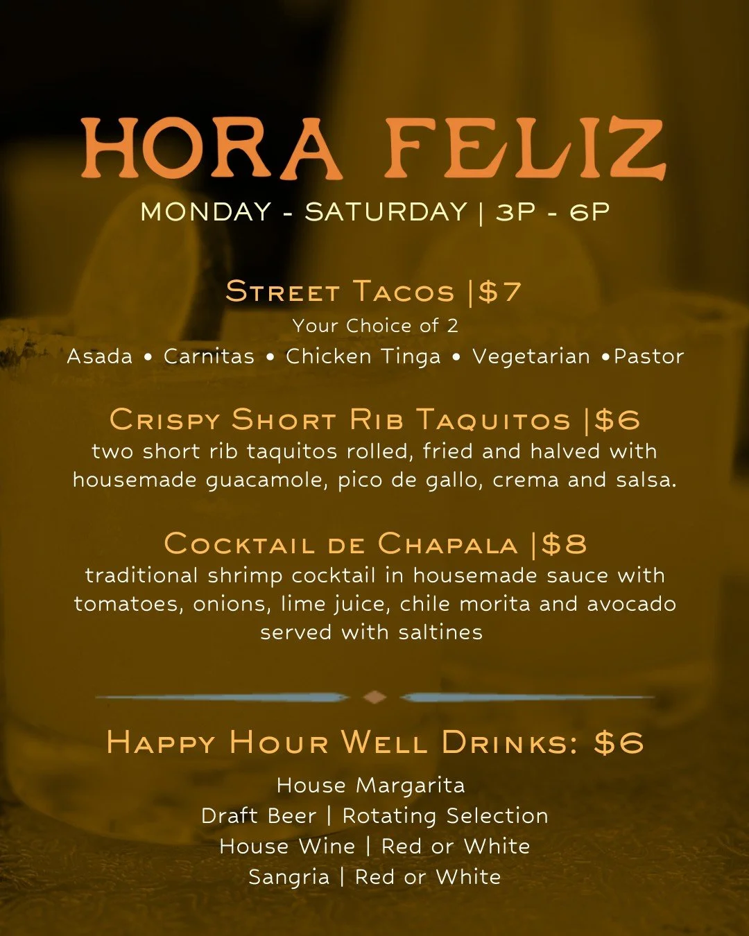 Hora Feliz is calling! 🌮🍹

Join us Monday&ndash;Saturday, 3&ndash;6pm for specials on drinks and bites.
Swipe to see what&rsquo;s on the menu and get ready to unwind with your favorites.