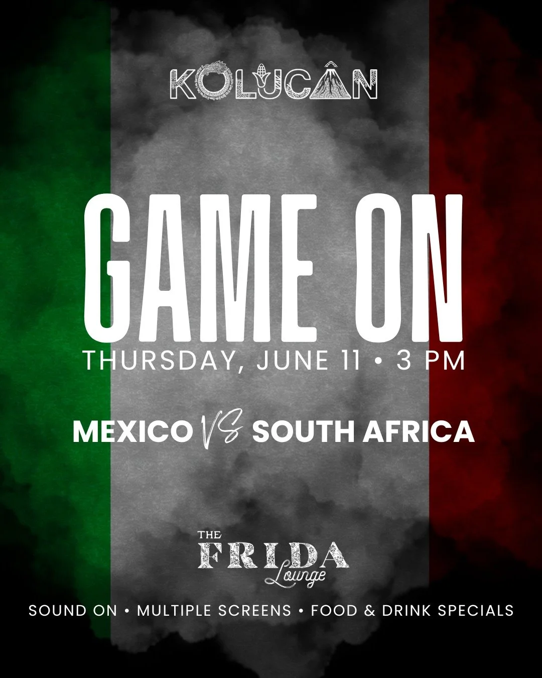 Game day is almost here. 🇲🇽⚽️

Mexico takes the spotlight tomorrow at Kolucan and we&rsquo;re ready in the Frida Lounge with tacos, margaritas, and every moment on the screen.

$10 Match Day Menu:
&bull; Two Tacos + Cerveza
&bull; Three Tacos
&bull