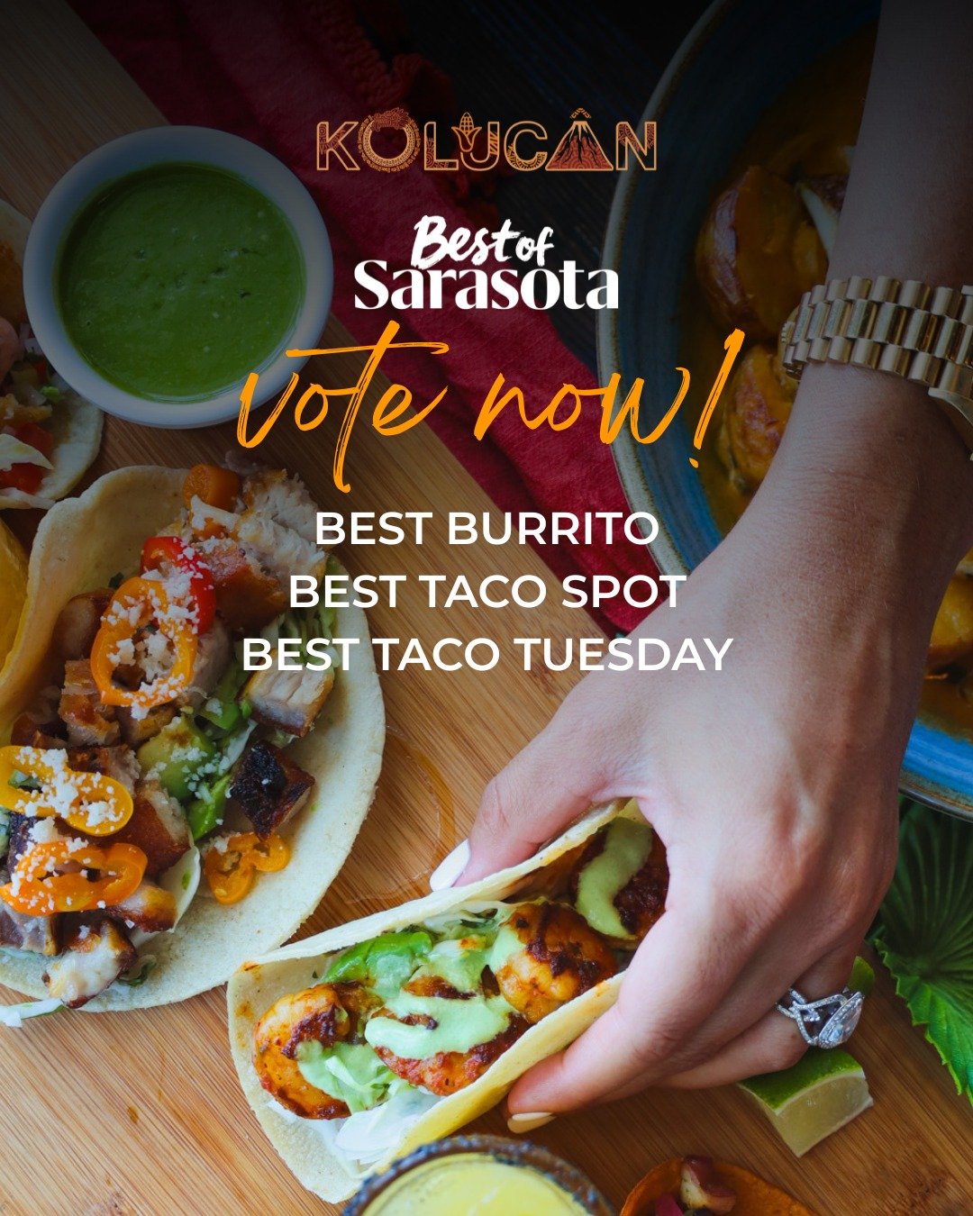 We're honored to be nominated for Best Burrito, Best Taco Spot, and Best Taco Tuesday in @sarasotamagazine's Best of Sarasota 2026! 🌮

If you've joined us for tacos, burritos, margaritas, and good times, we'd be grateful for your vote.

Voting is op