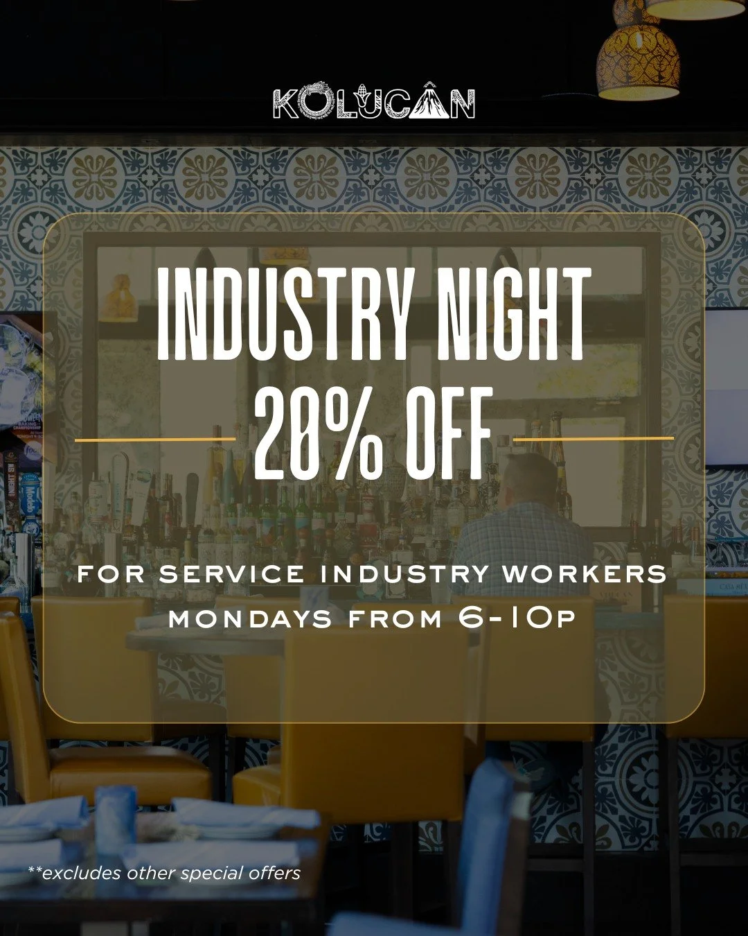 You take care of everyone else all week&mdash;Mondays are for you.

Join us from 6&ndash;10pm for Industry Night and enjoy 20% off your check with proof of employment in the service industry